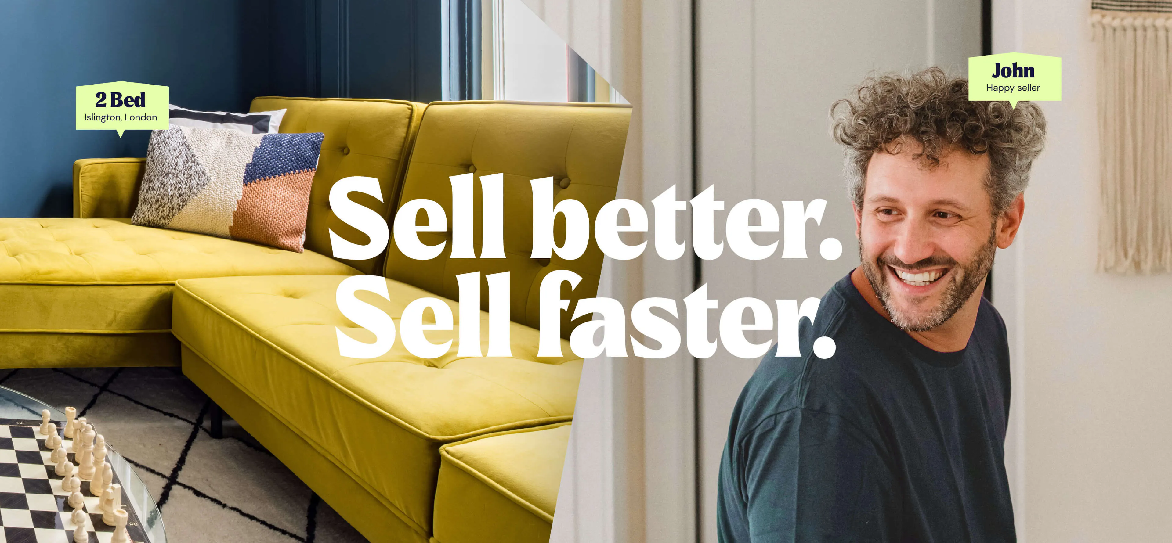 'Sell better. Sell faster.' over a split image of a yellow sofa and a smiling homeowner, with lime flyp labels