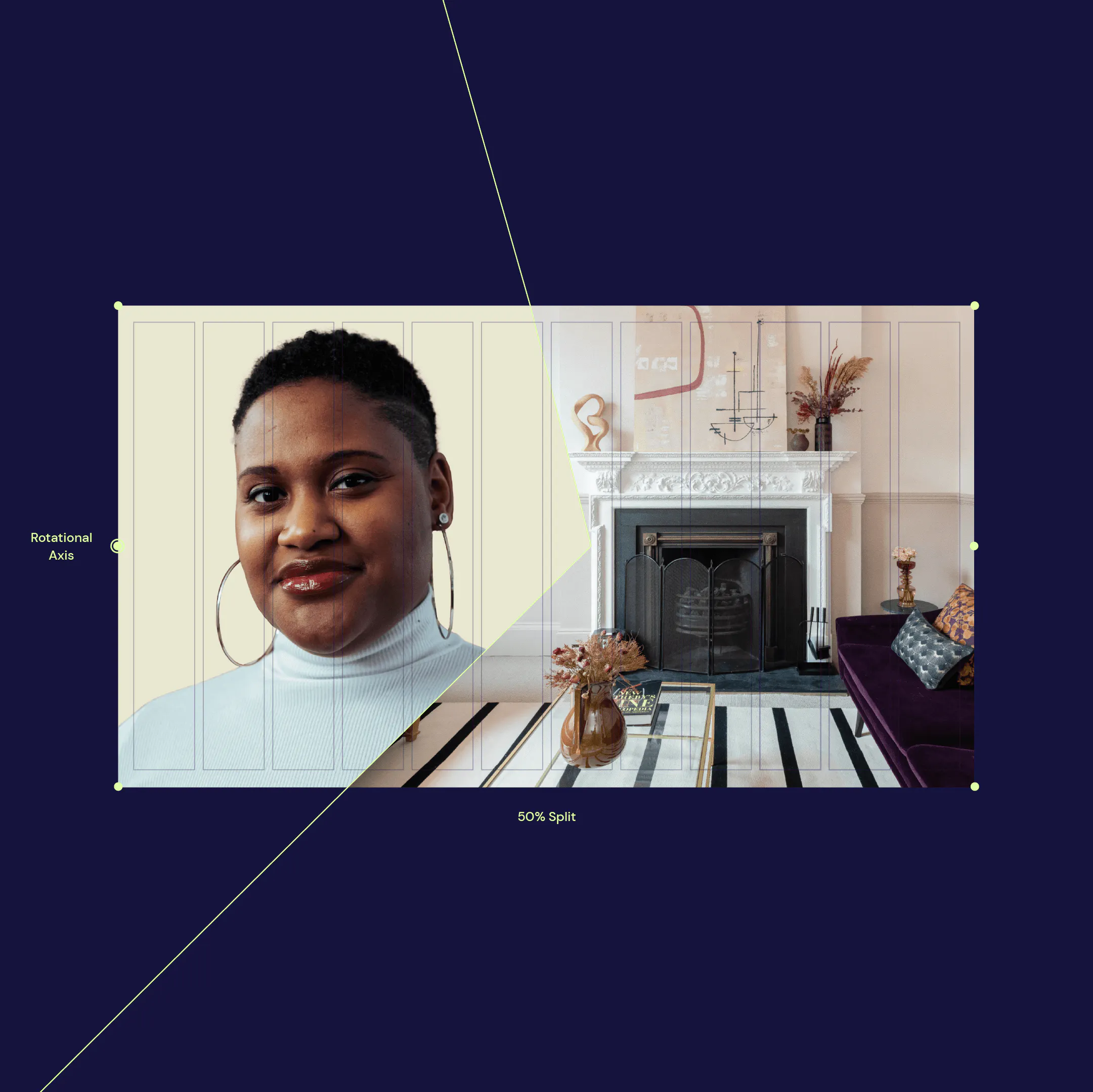 Layout guide on navy showing a portrait and a living room split along a rotational axis