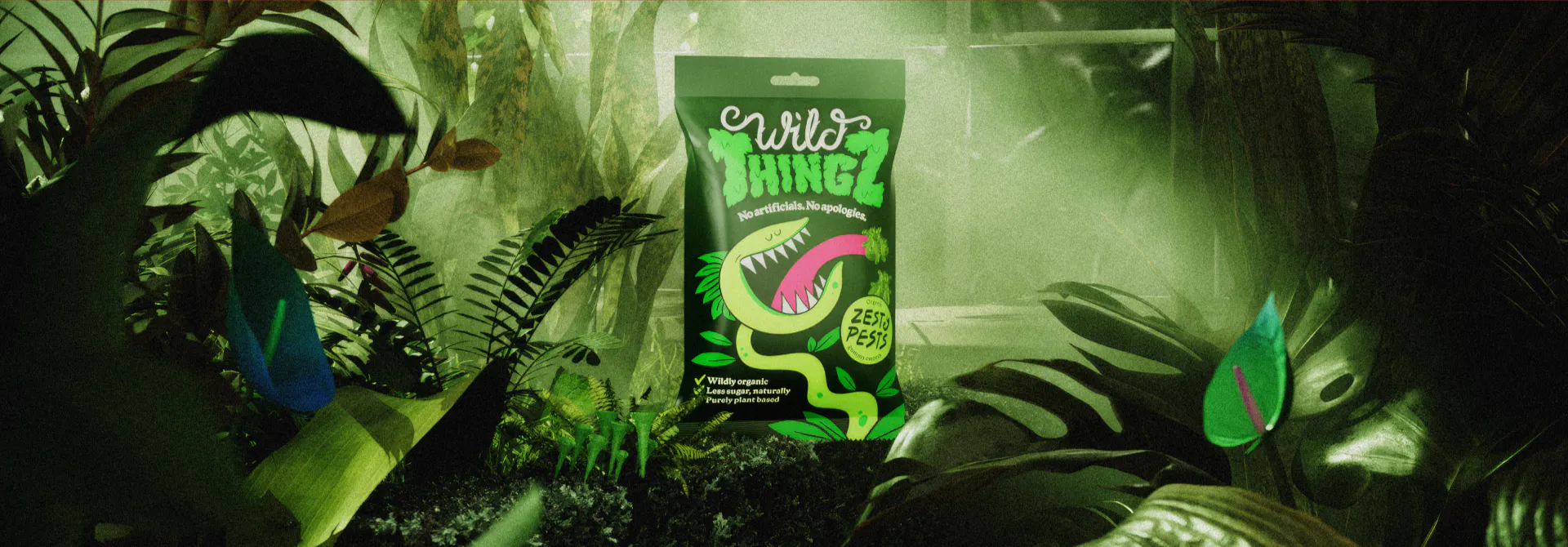 Wild Thingz plant-based sweets packaging with Vee the Venus flytrap mascot, by HOW+HOW.