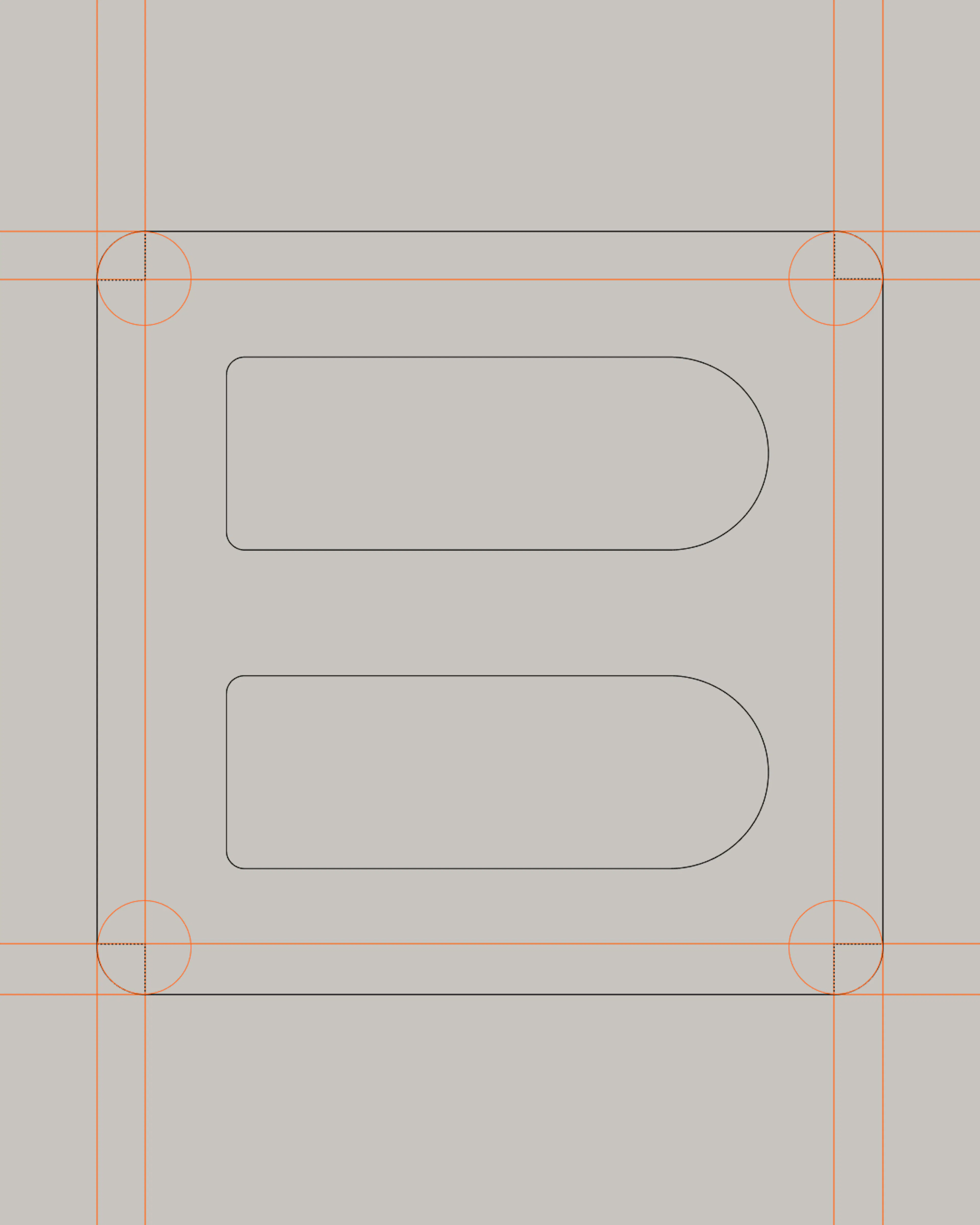 Outline construction drawing of the Biozeroc 'B' symbol, two rounded bars inside a square, on grey with orange grid lines.