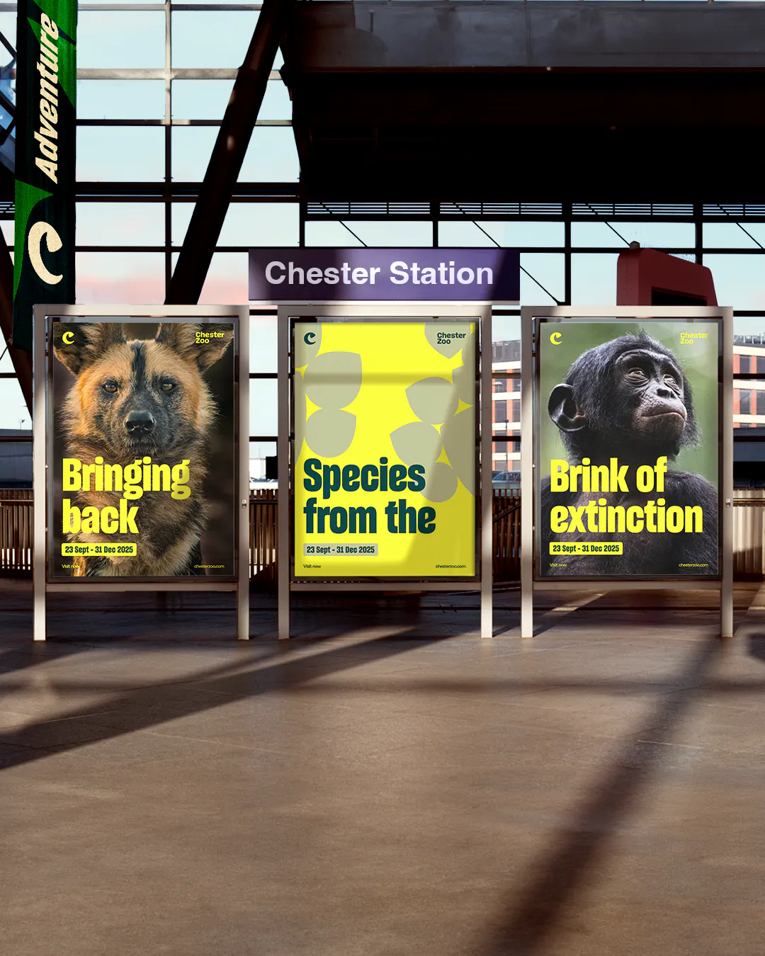 Chester Zoo posters at a train station: 'Bringing back species from the brink of extinction'