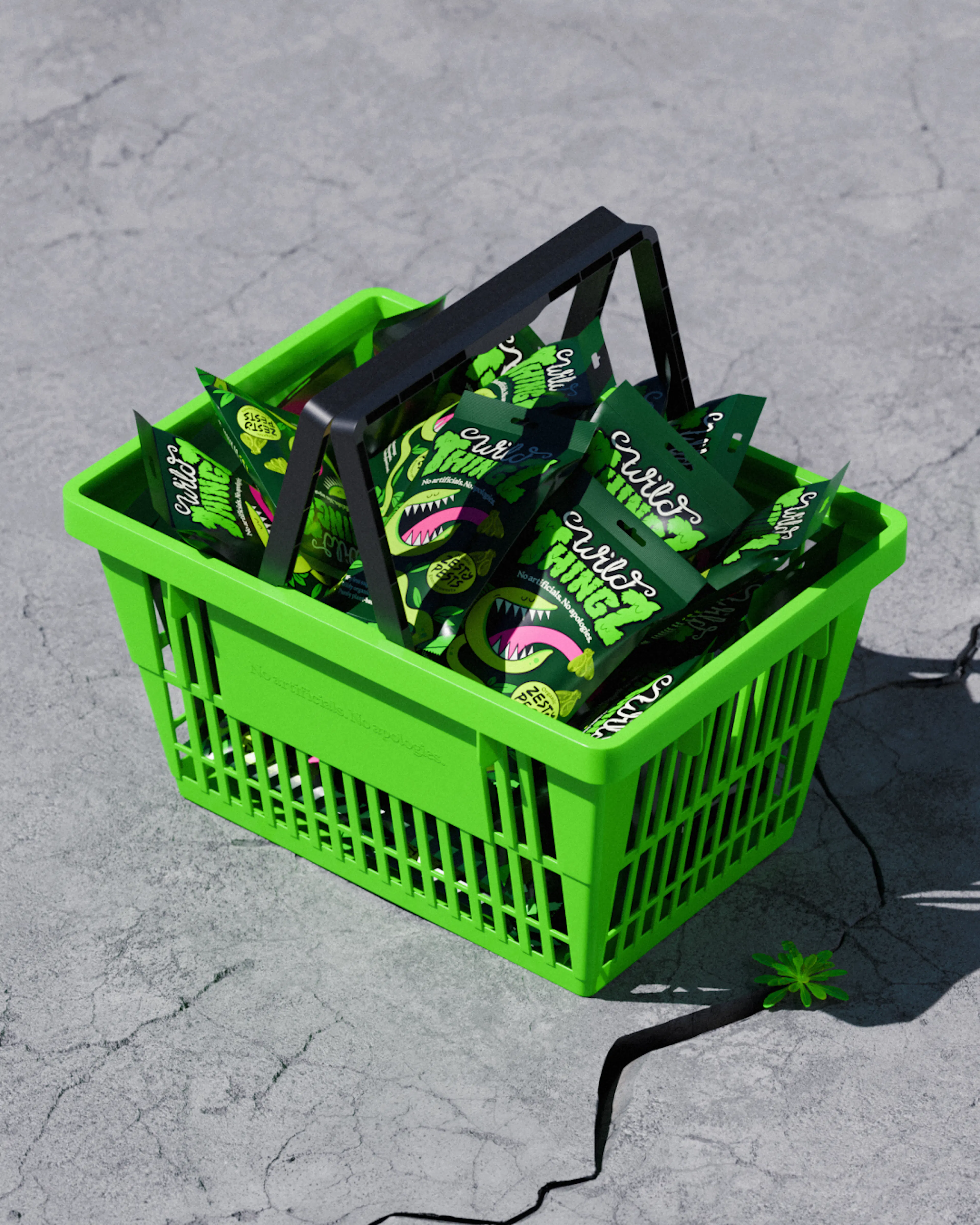 Green shopping basket full of Wild Thingz packs on cracked concrete