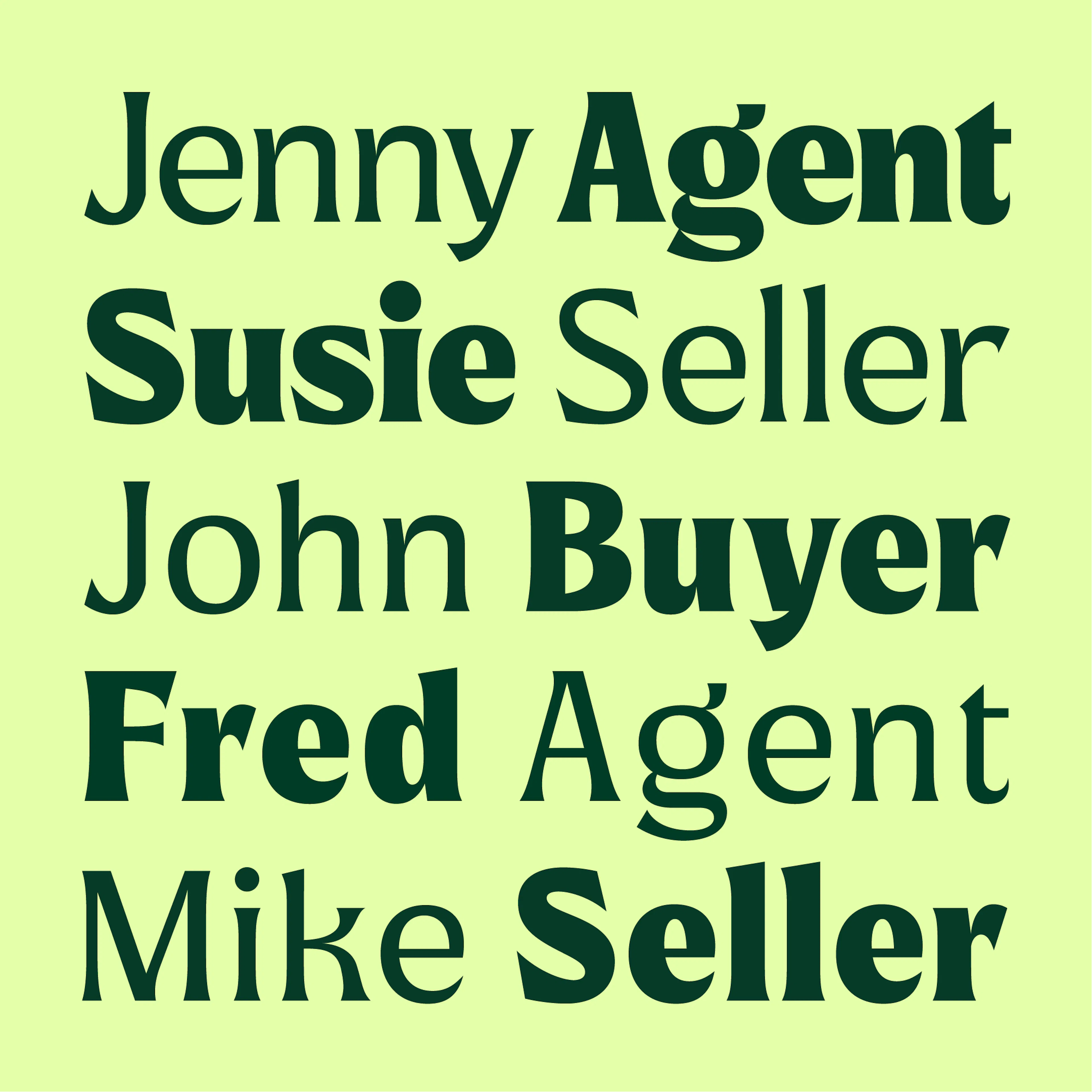 Type specimen pairing names and roles: Jenny Agent, Susie Seller, John Buyer, Fred Agent, Mike Seller