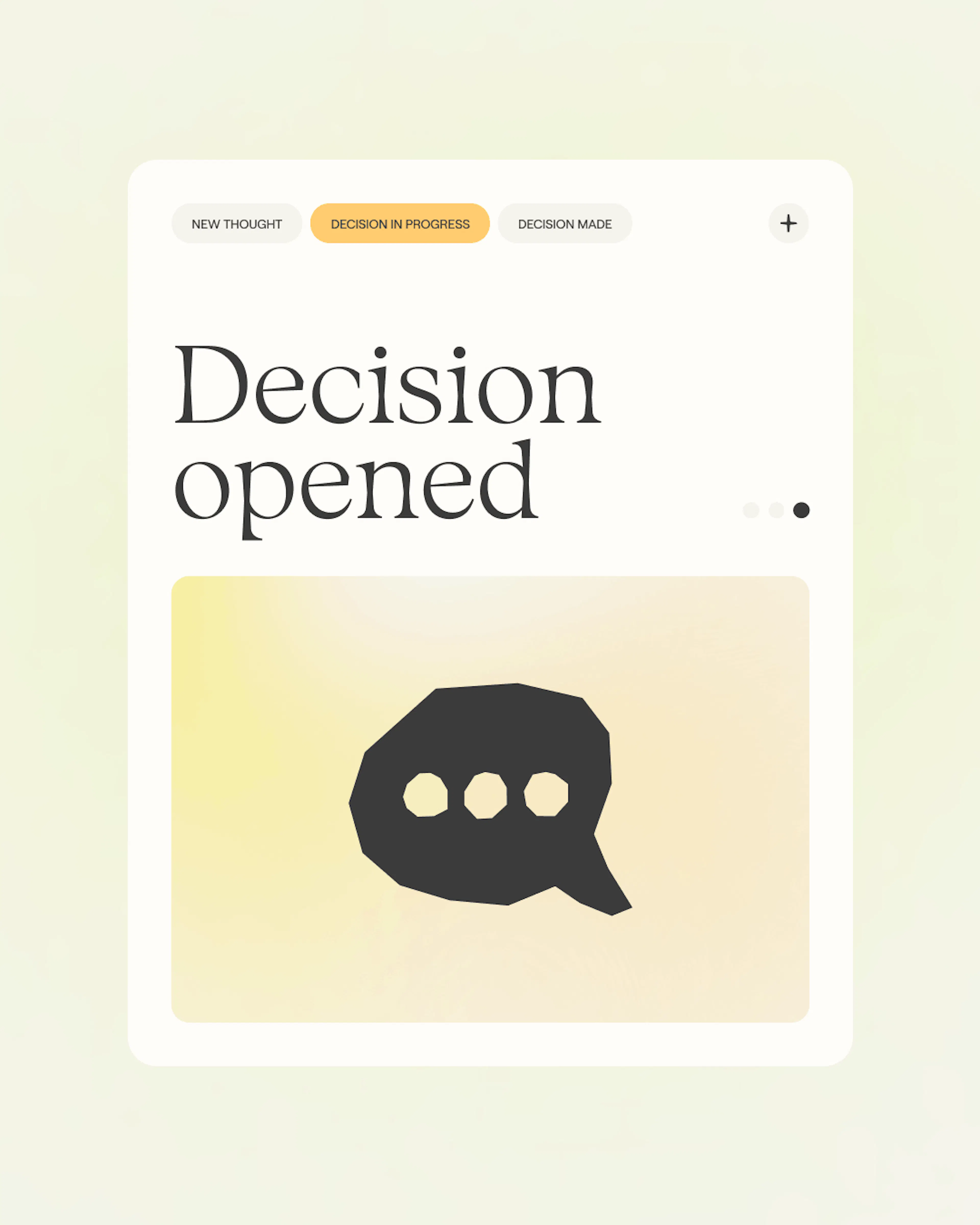 Jupi 'Decision opened' card with a speech-bubble icon