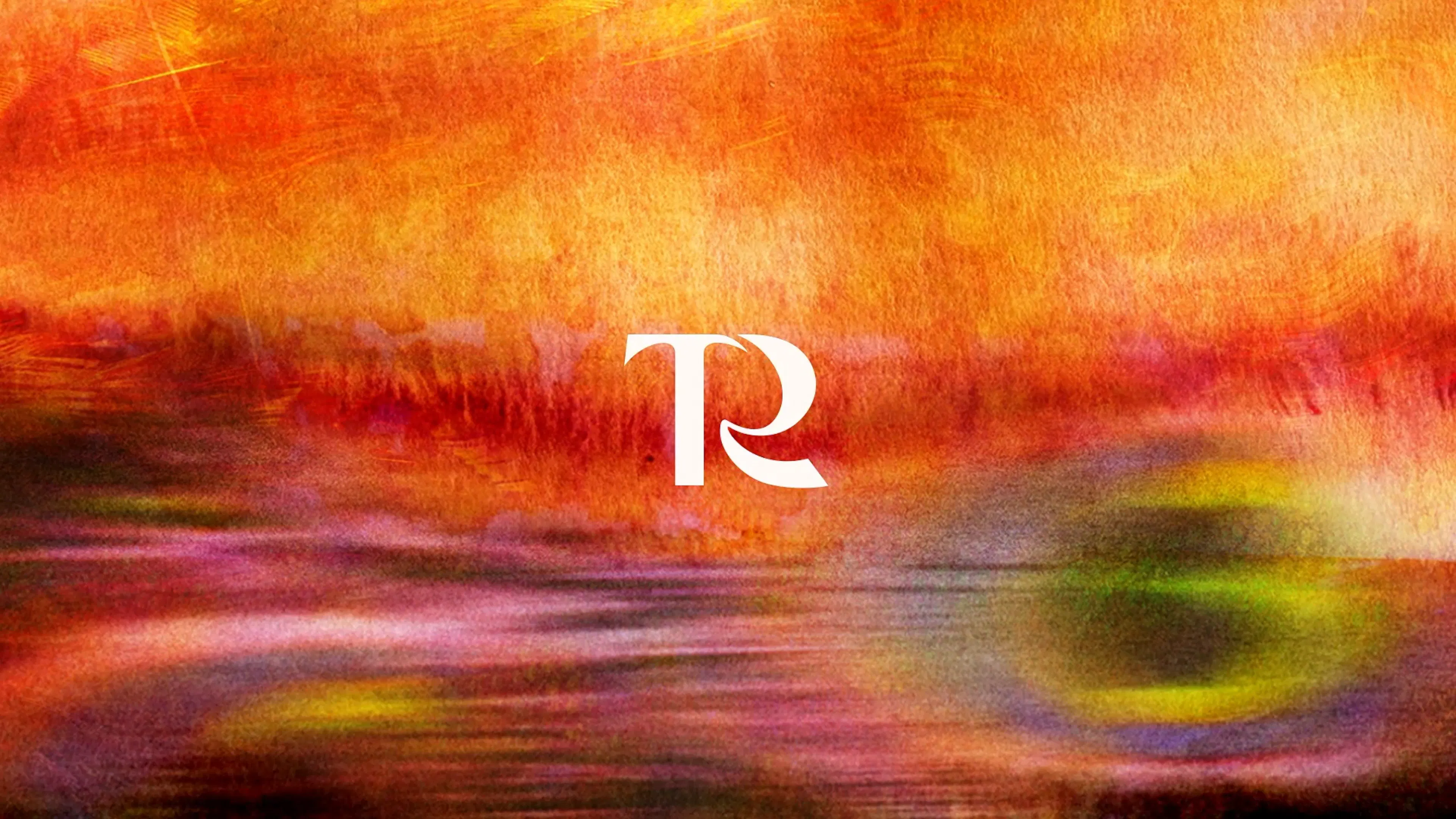 The Reserve 'TR' monogram in white over a pink, purple and orange watercolour texture