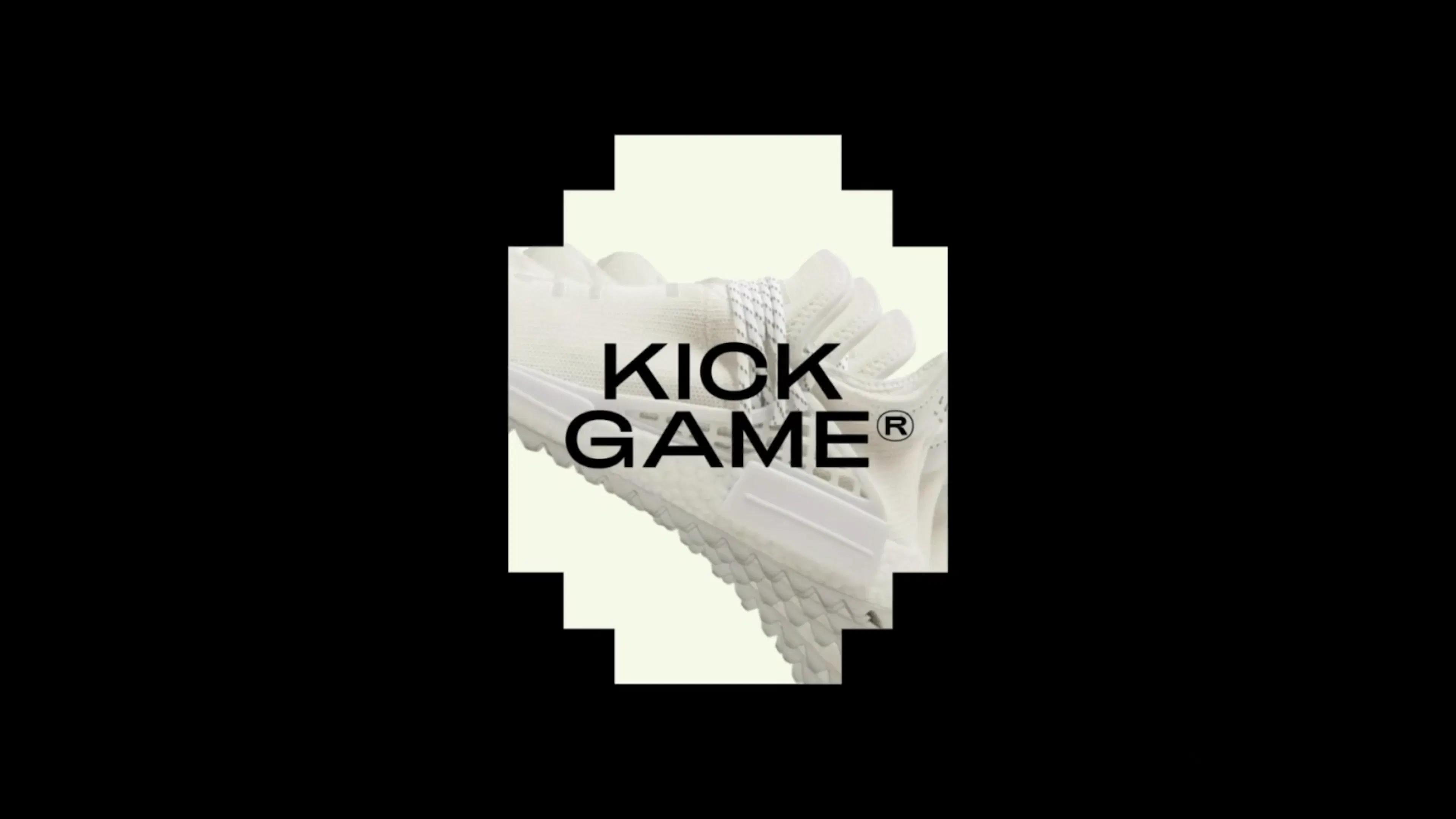 'KICK GAME' wordmark over a white sneaker in a stepped art frame, on black