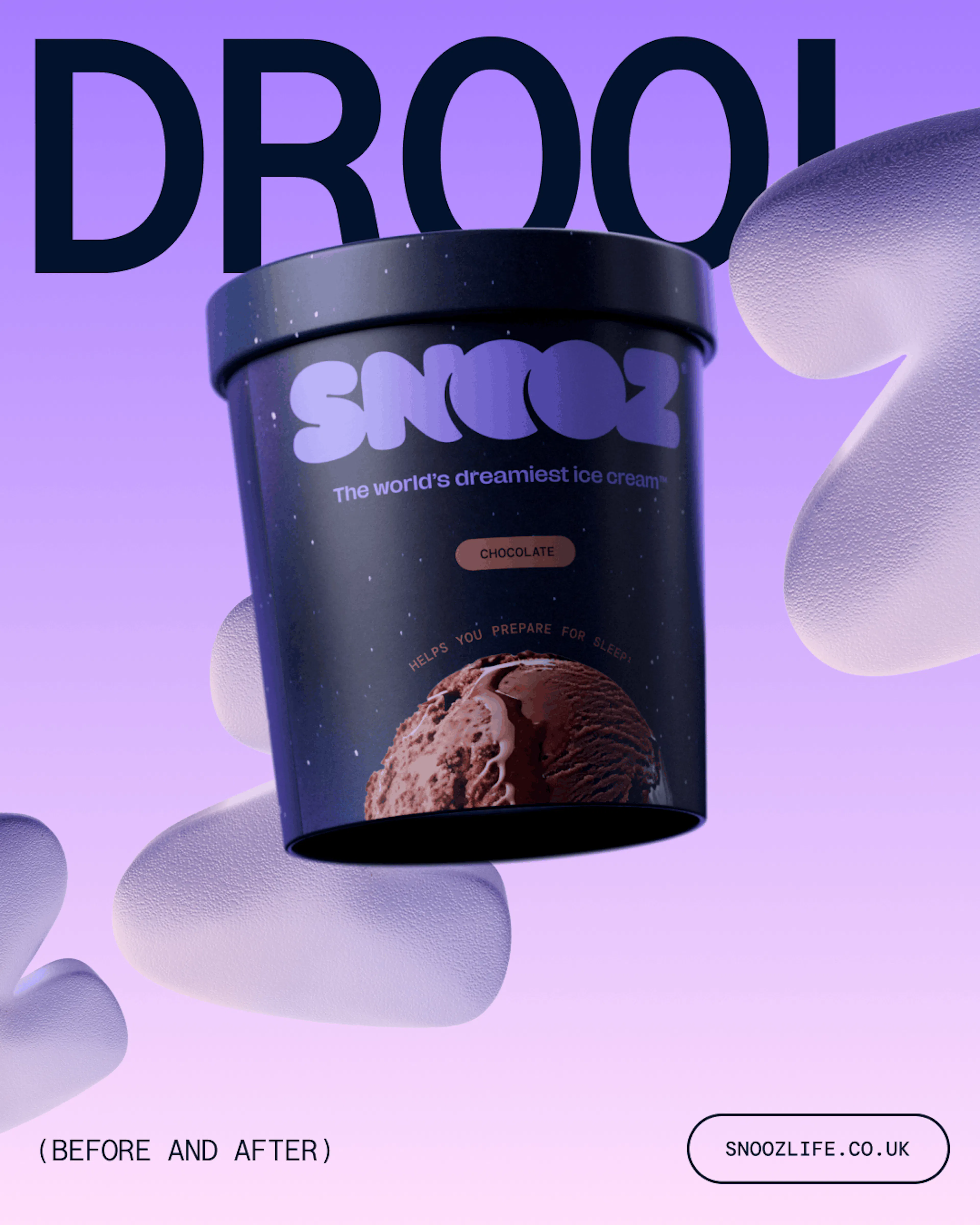 Snooz graphic language with screensaver-style elements drifting through a starry sky