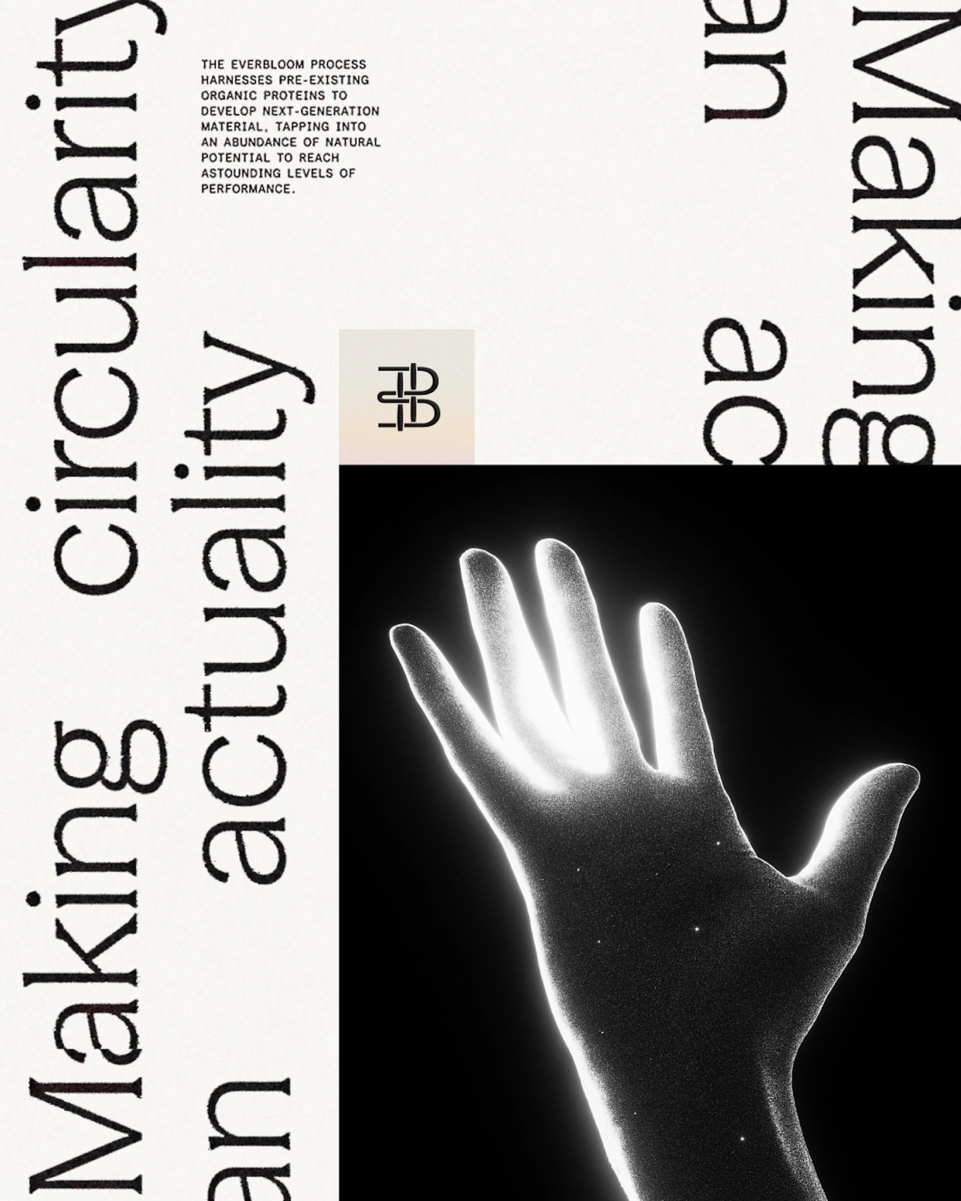 'Making circularity an actuality' layout with a glowing hand and the Everbloom monogram