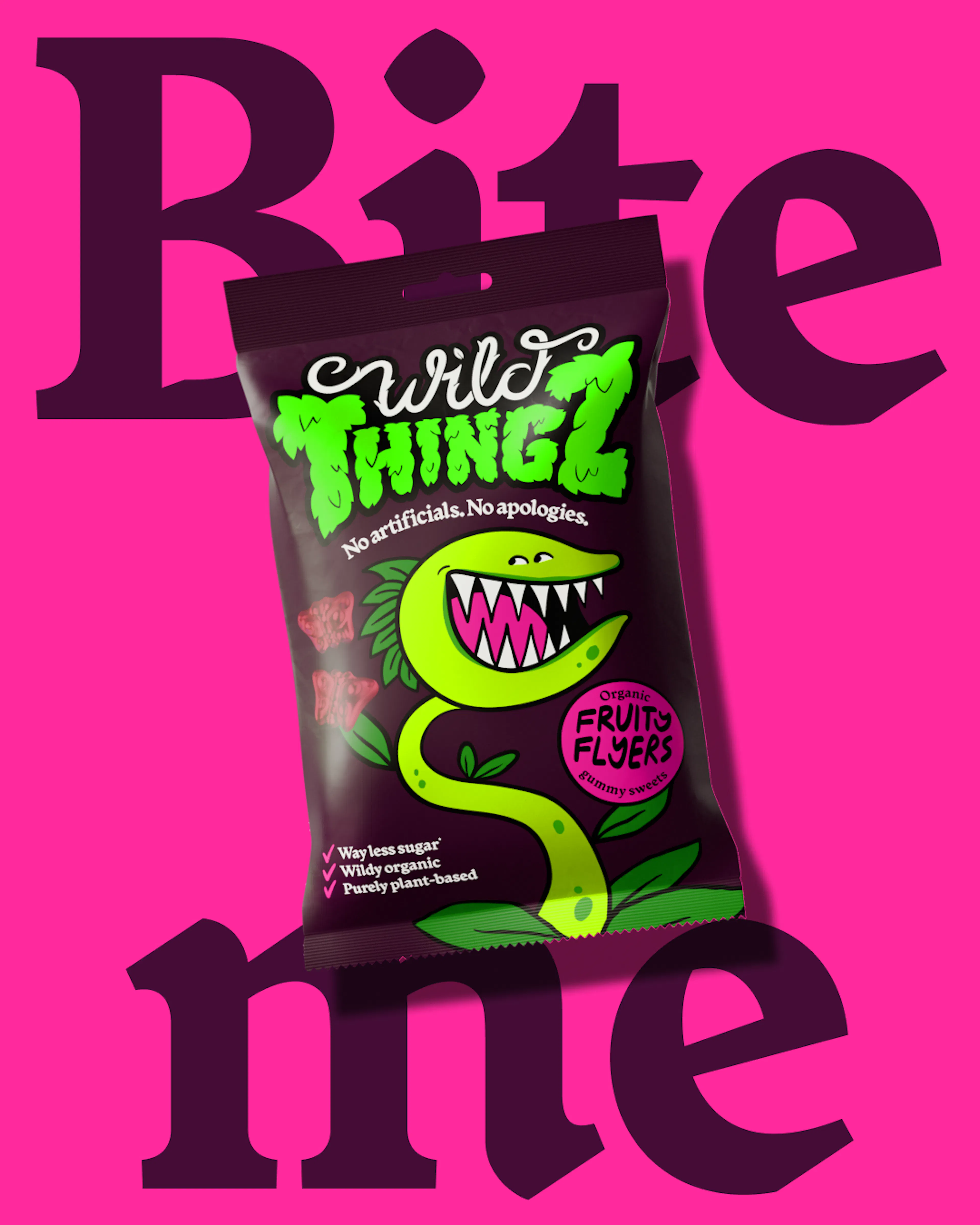 Wild Thingz Fruity Flyers pack over a pink 'Bite me' headline