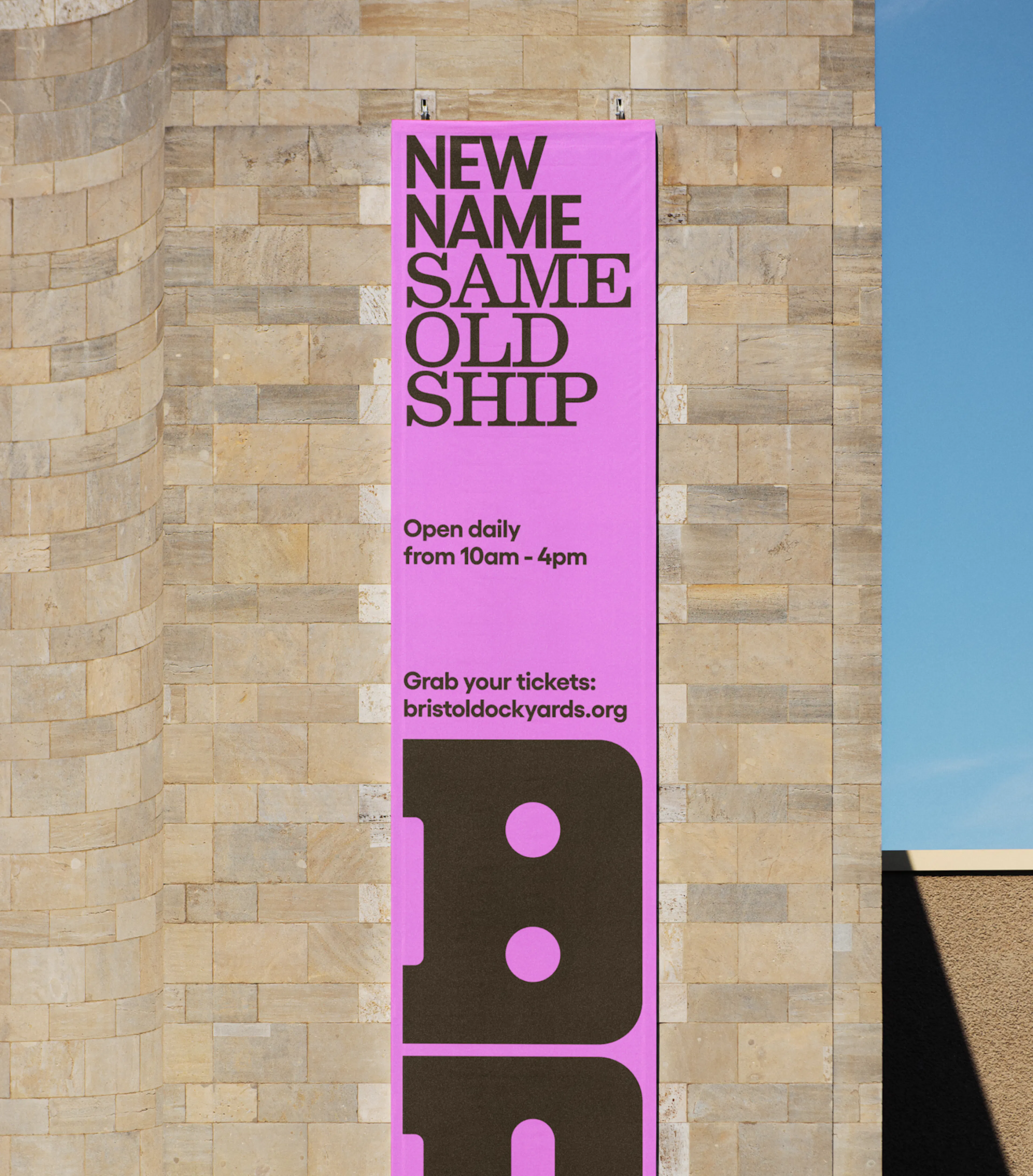 Skinny poster in pink showing Bristol Dockyards signage by HOW+HOW