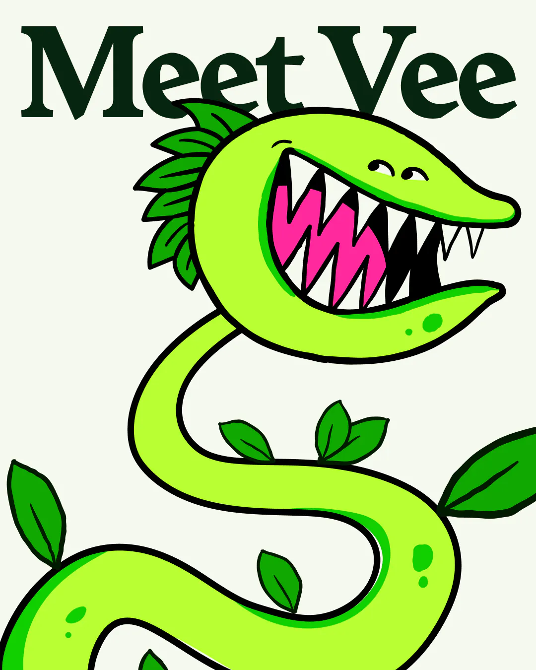 'Meet Vee' illustration of the Wild Thingz Venus flytrap mascot
