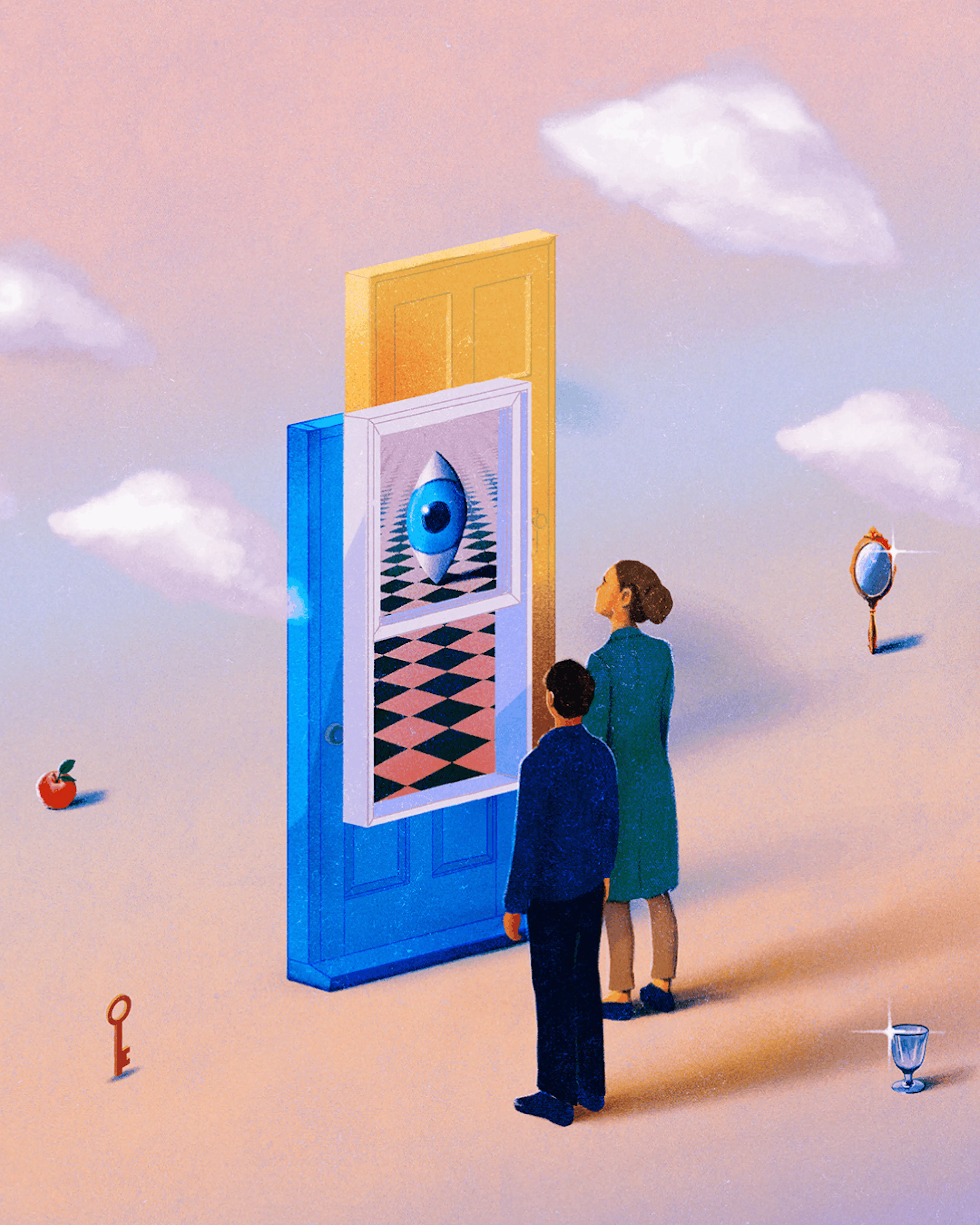 Surreal illustration of two people looking up at a tall blue door beneath clouds
