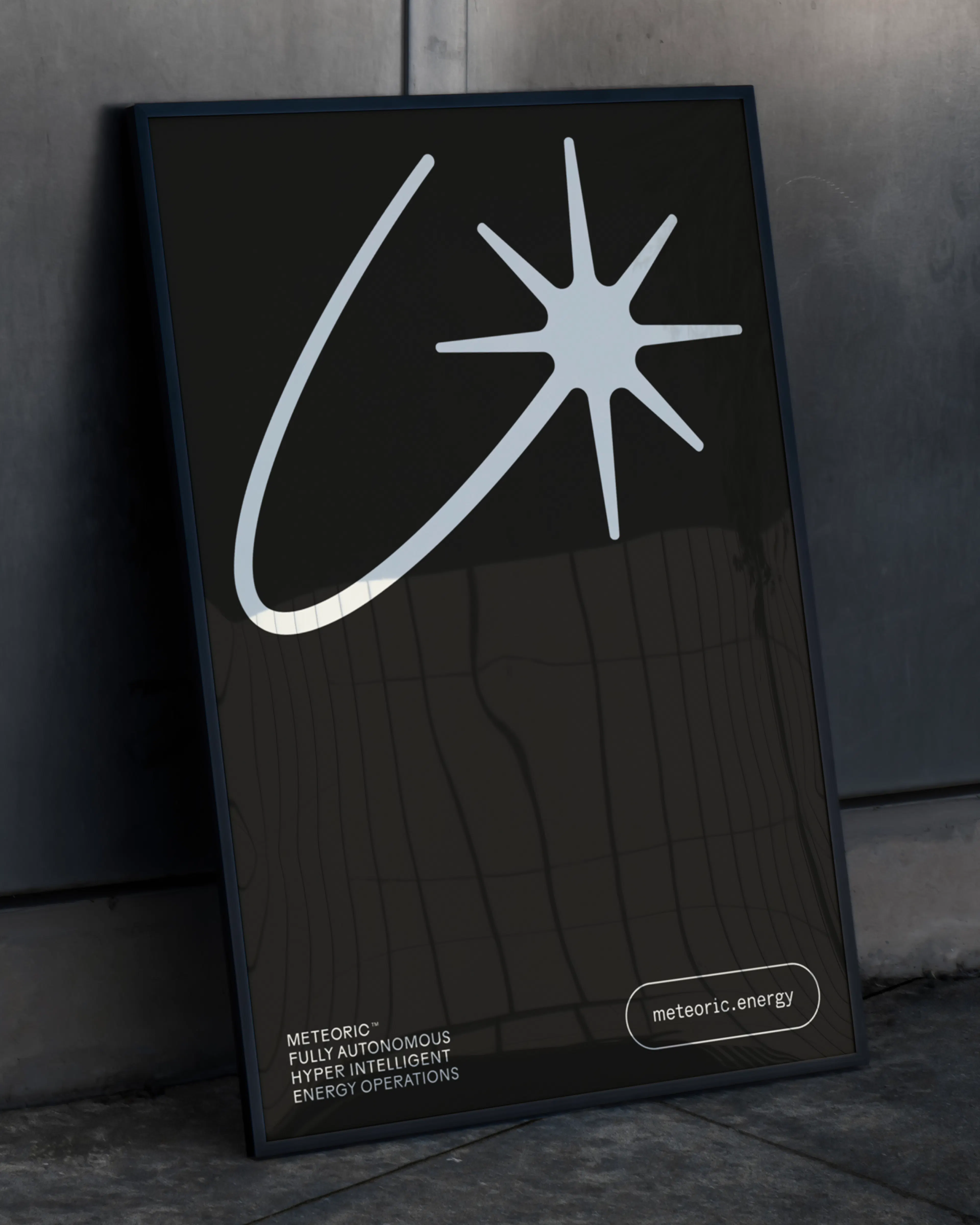 Meteoric black poster with logo at the top in white