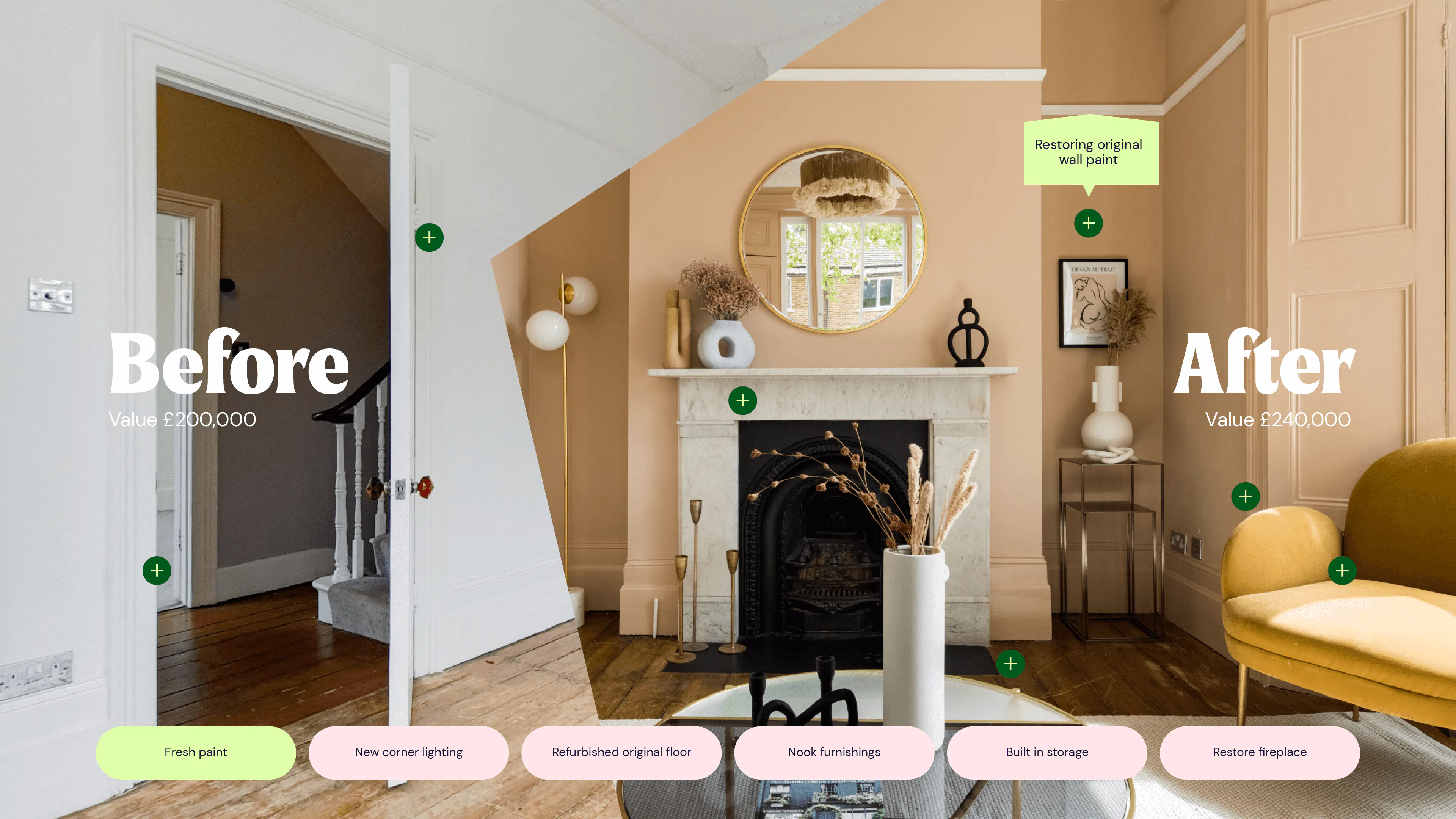Before and after of a living room: plain white walls before, peach walls and new furniture after, with improvement tags along the bottom