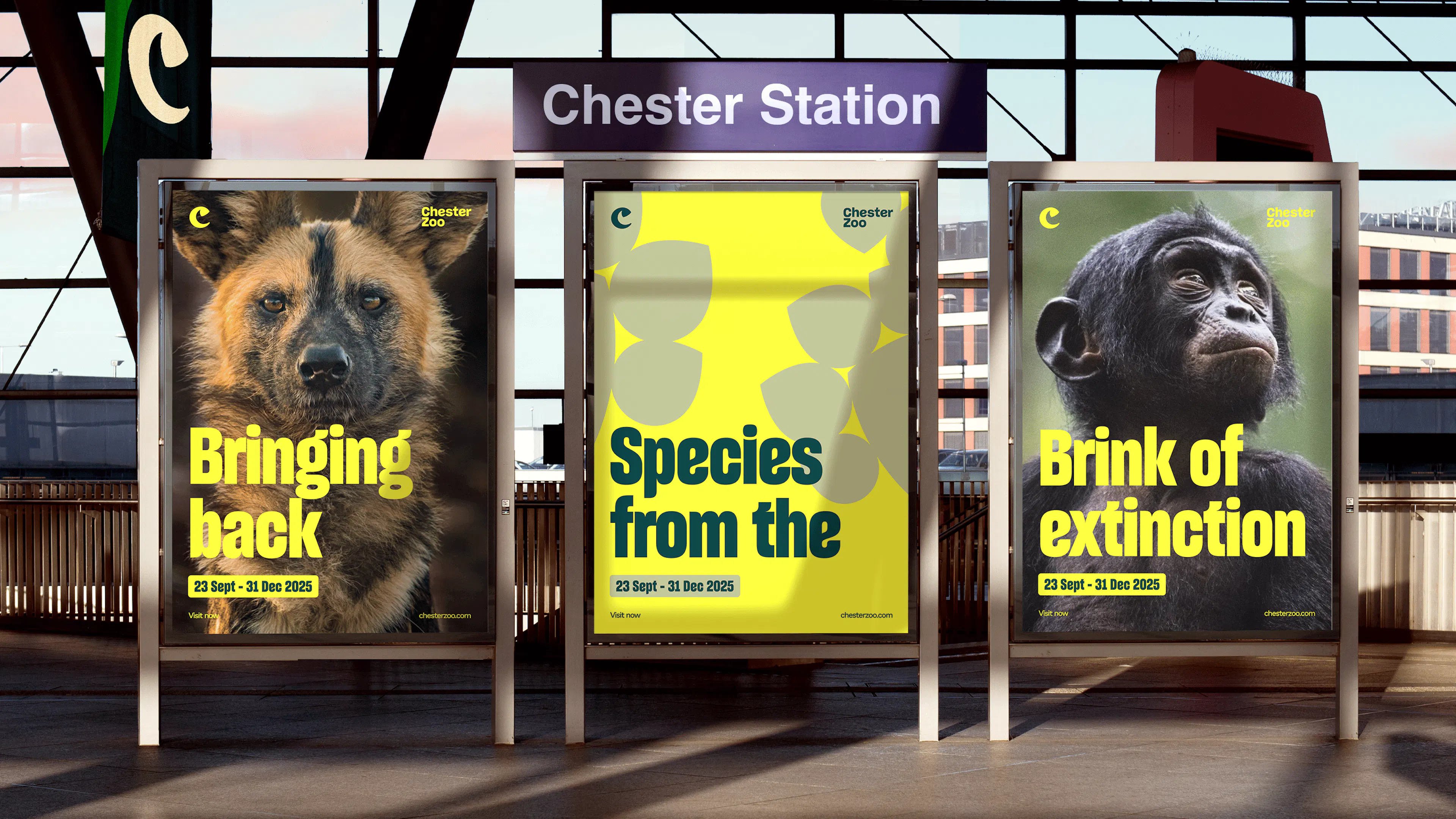 Chester Zoo posters at a train station: 'Bringing back species from the brink of extinction'