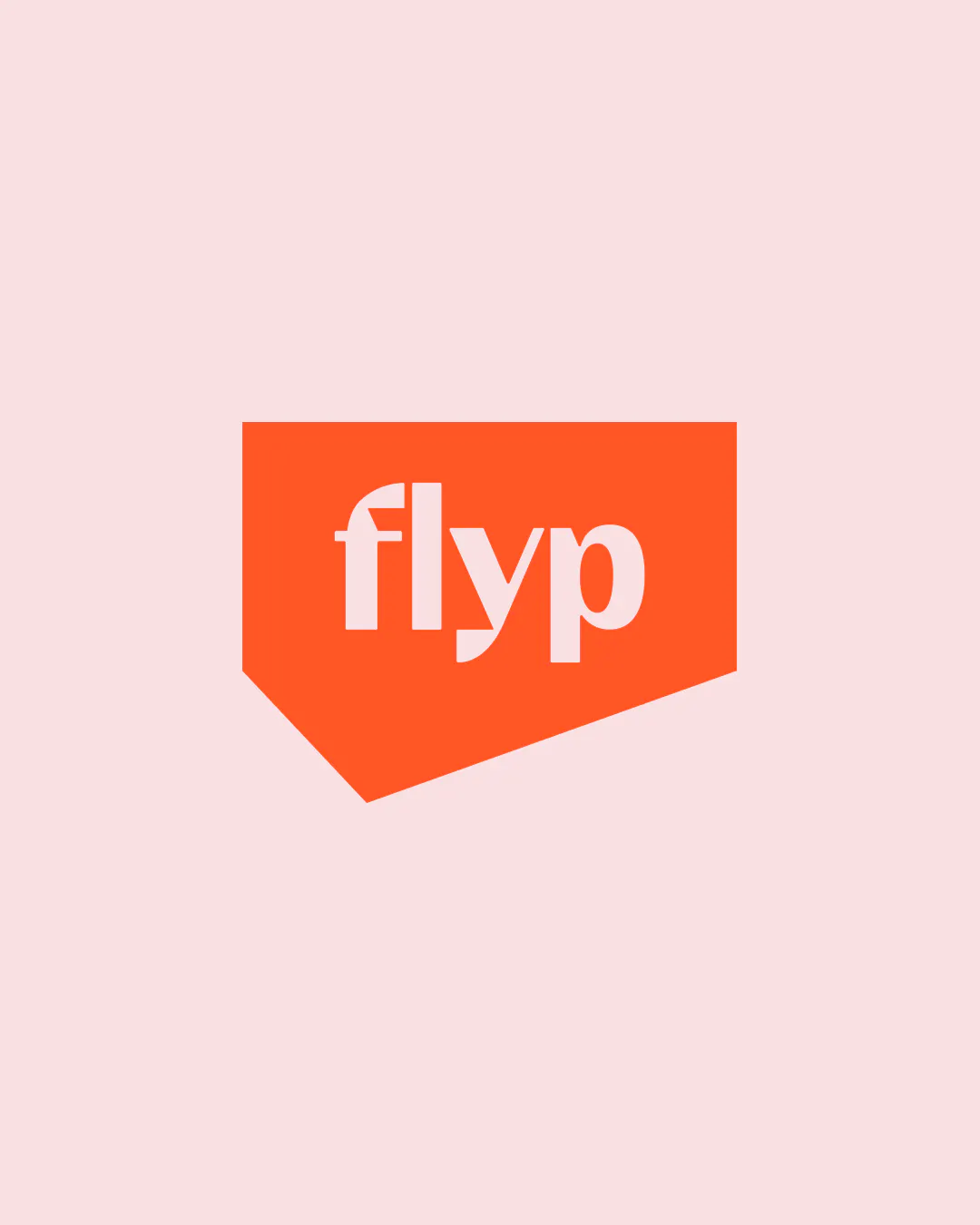Flyp logo: the lowercase 'flyp' wordmark in pale pink inside an orange-red flag shape, on a pale pink background.