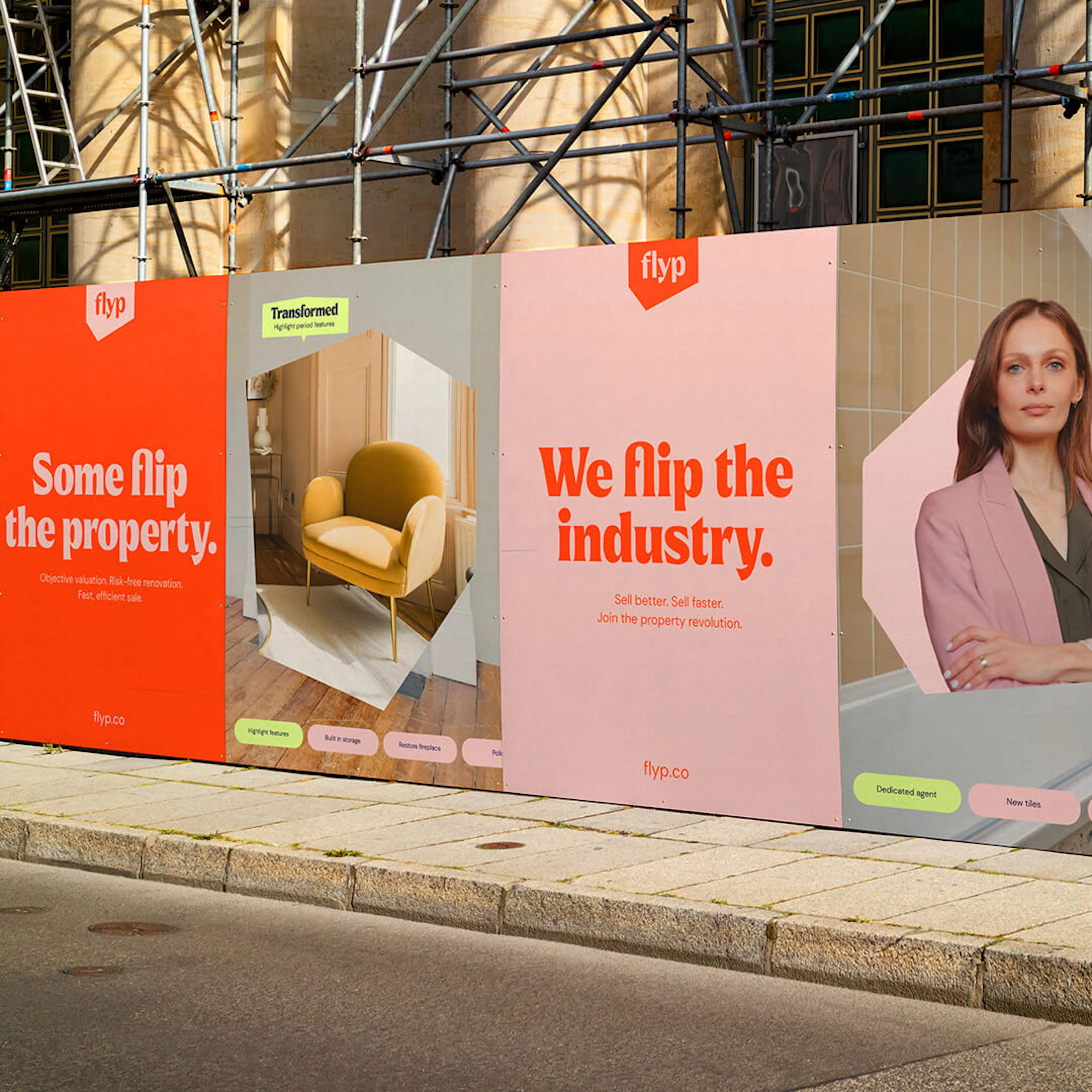 Street hoarding of flyp posters, including 'Some flip the property.' and 'We flip the industry.'