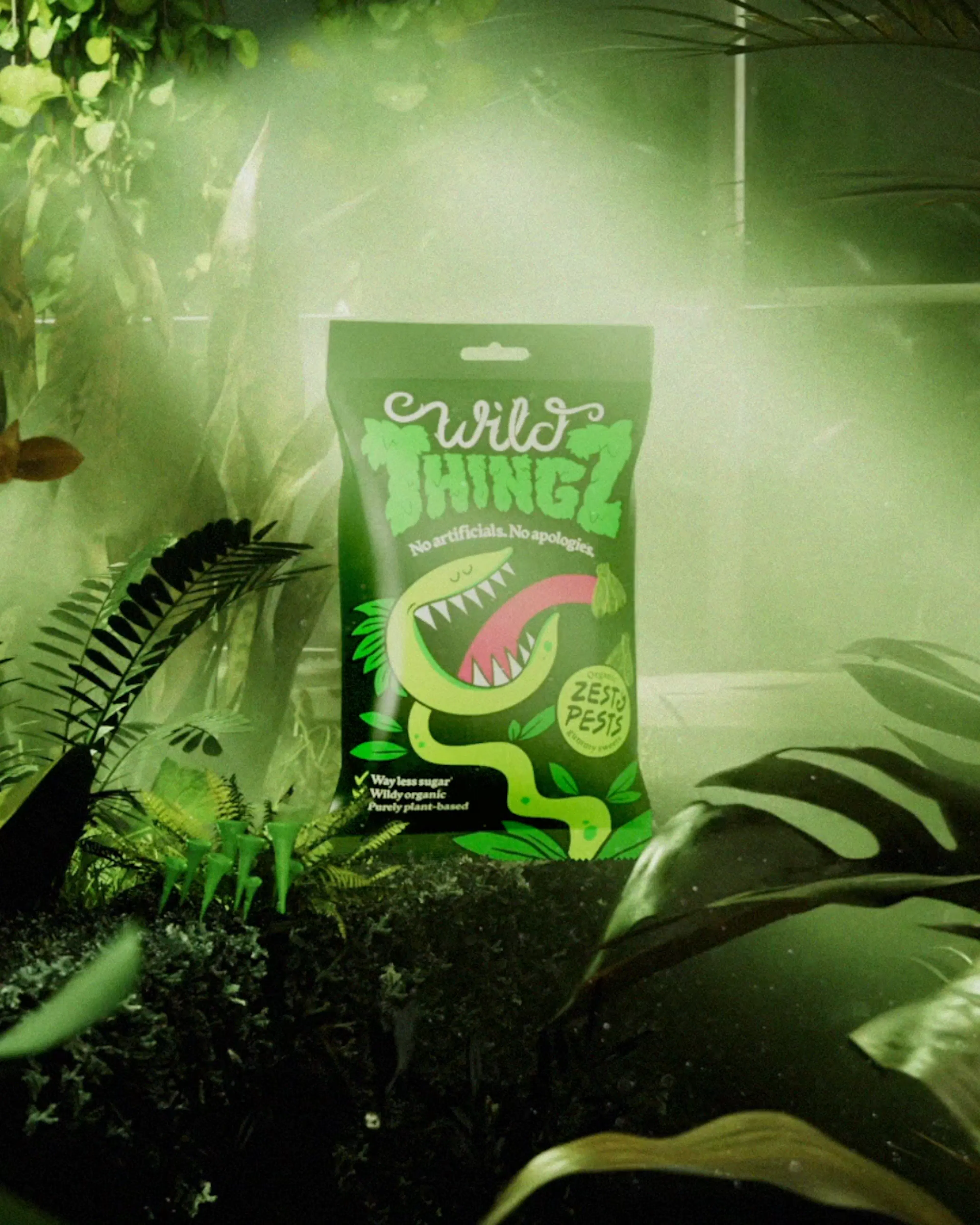 Wild Thingz plant-based sweets packaging with Vee the Venus flytrap mascot, by HOW+HOW.