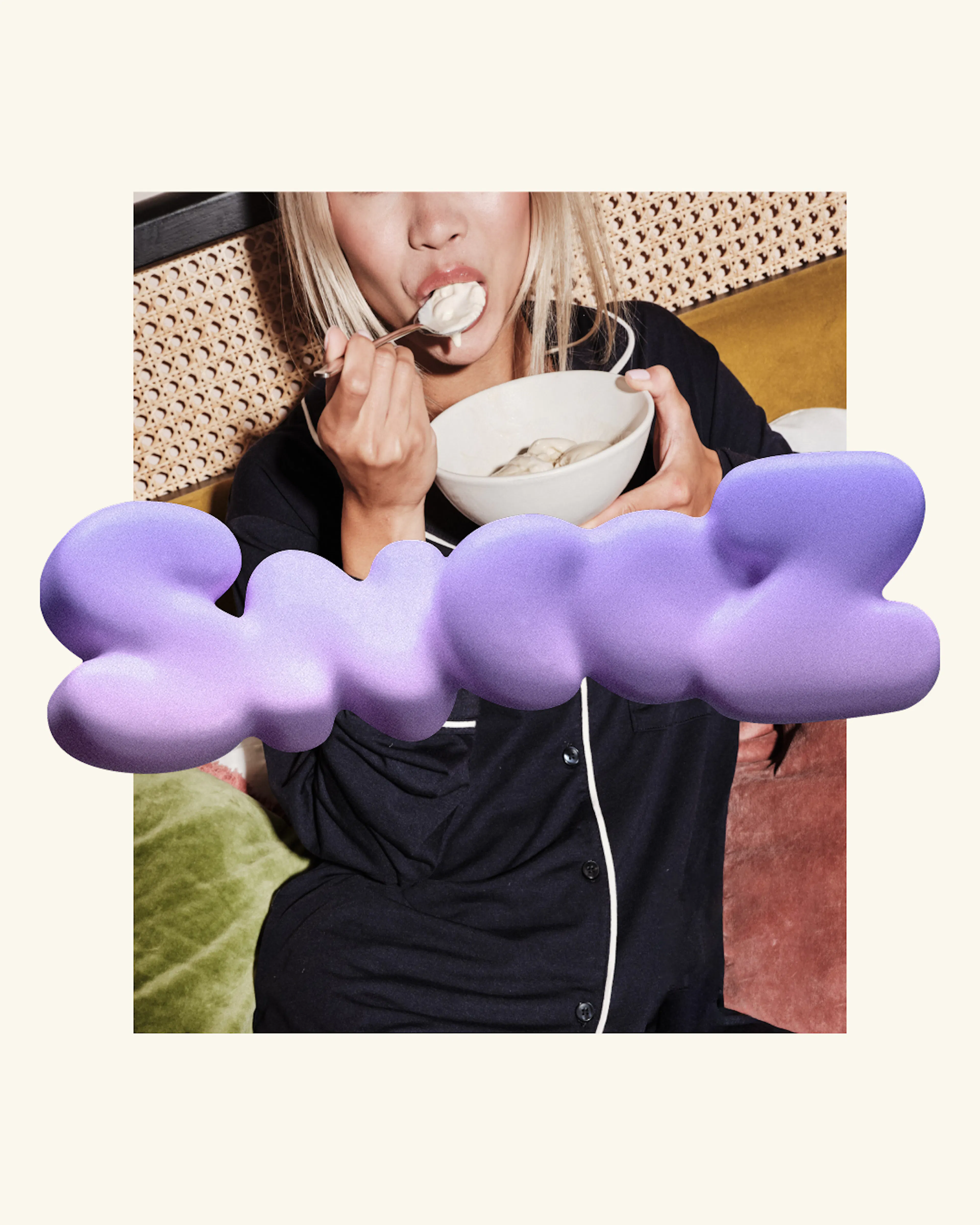 Image of ice cream tub being held by woman eating Snooz by HOW+HOW