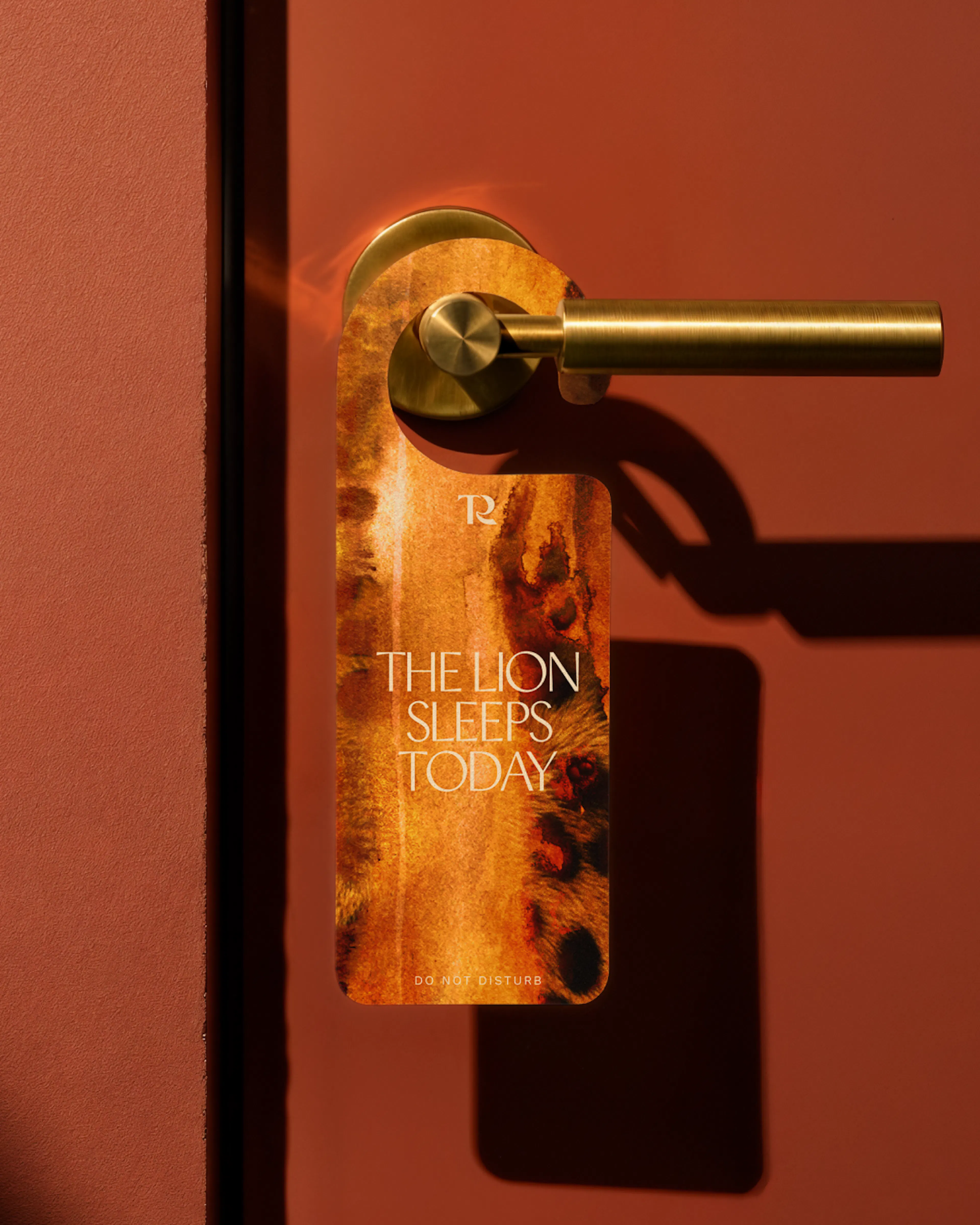 Watercolour door hanger reading 'The lion sleeps today' on a brass handle of a terracotta door