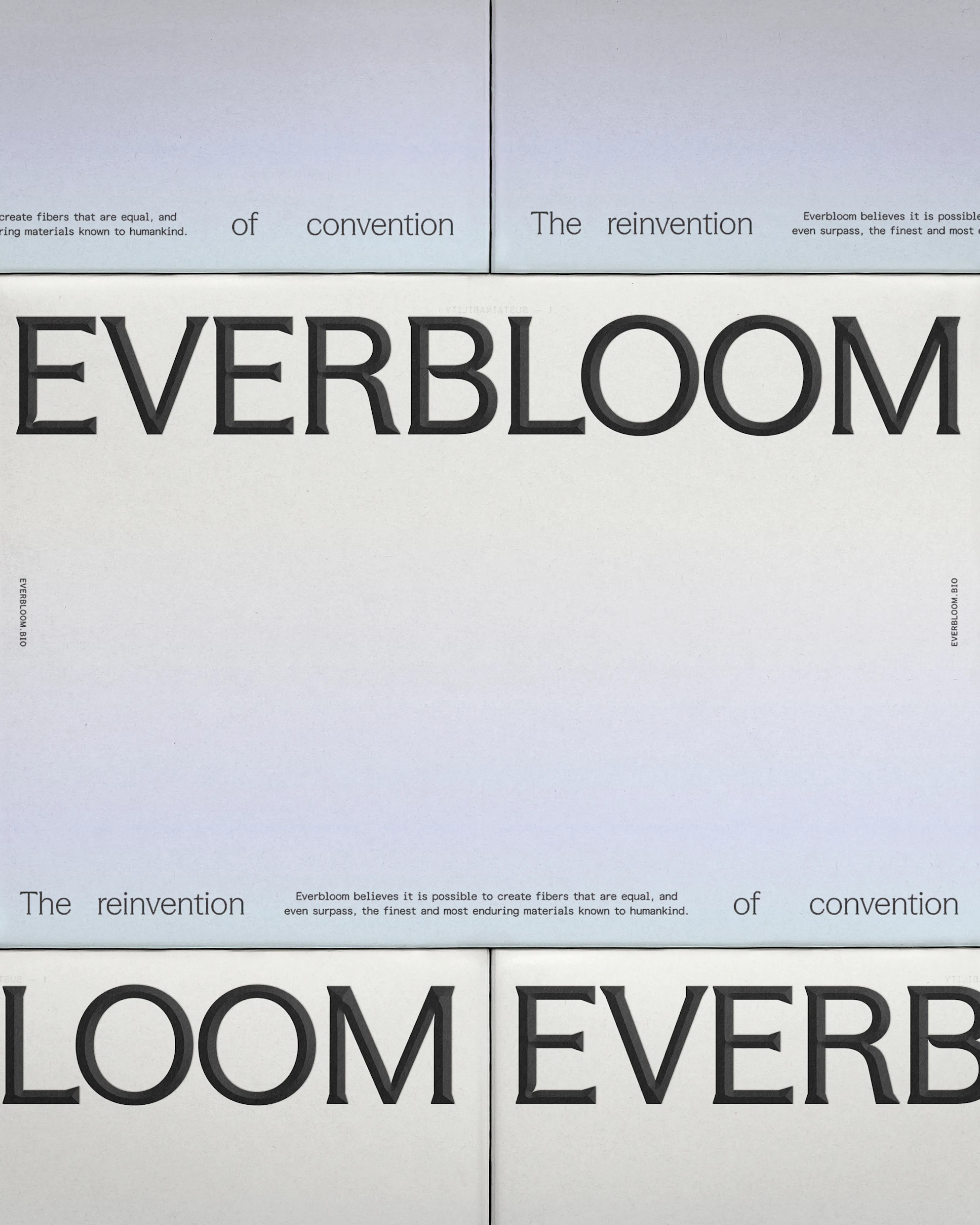 Tiled Everbloom packaging sheets with the wordmark and 'The reinvention of convention'