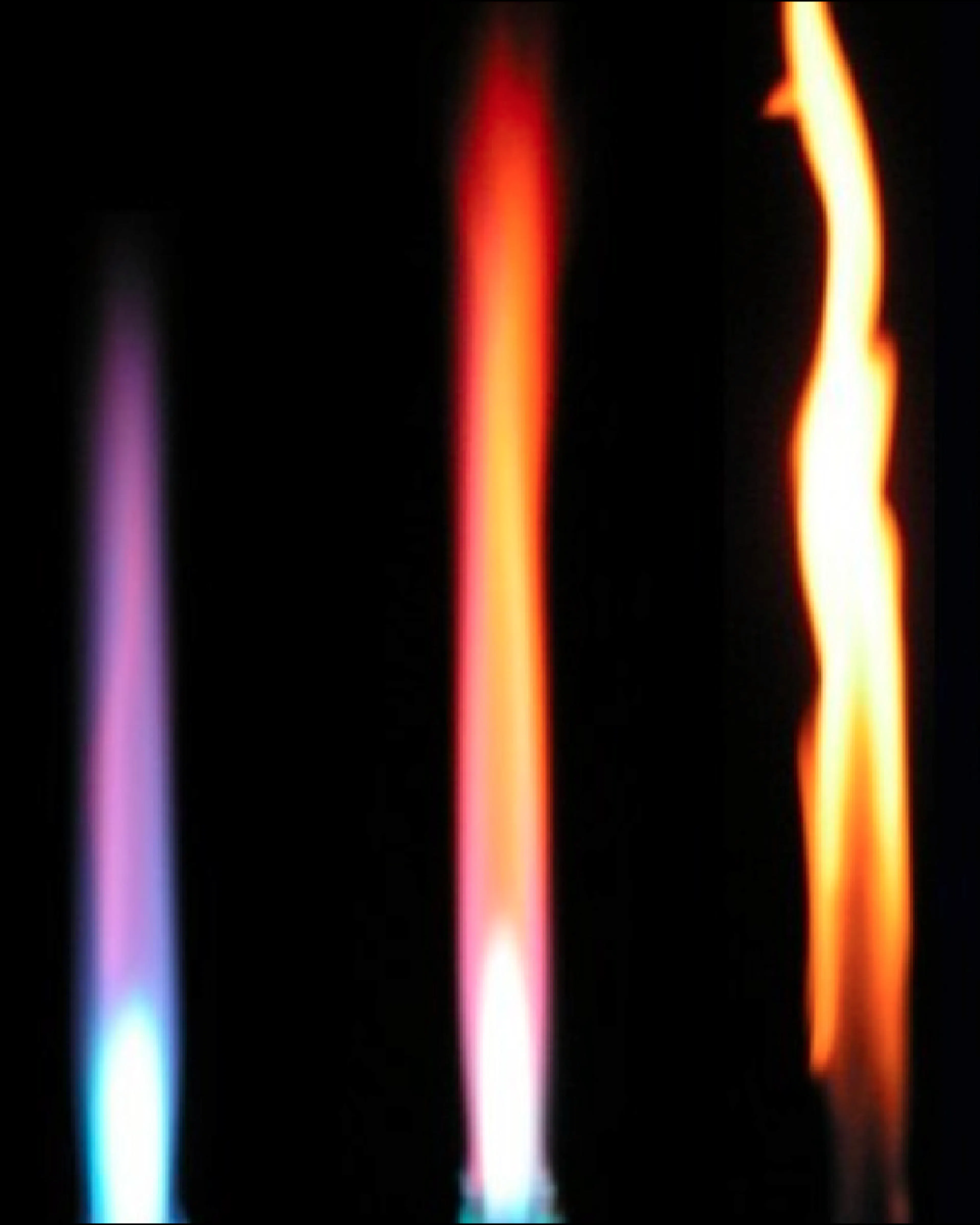 Three vertical flames against black, shifting from cool blue and violet to red, orange and bright yellow.