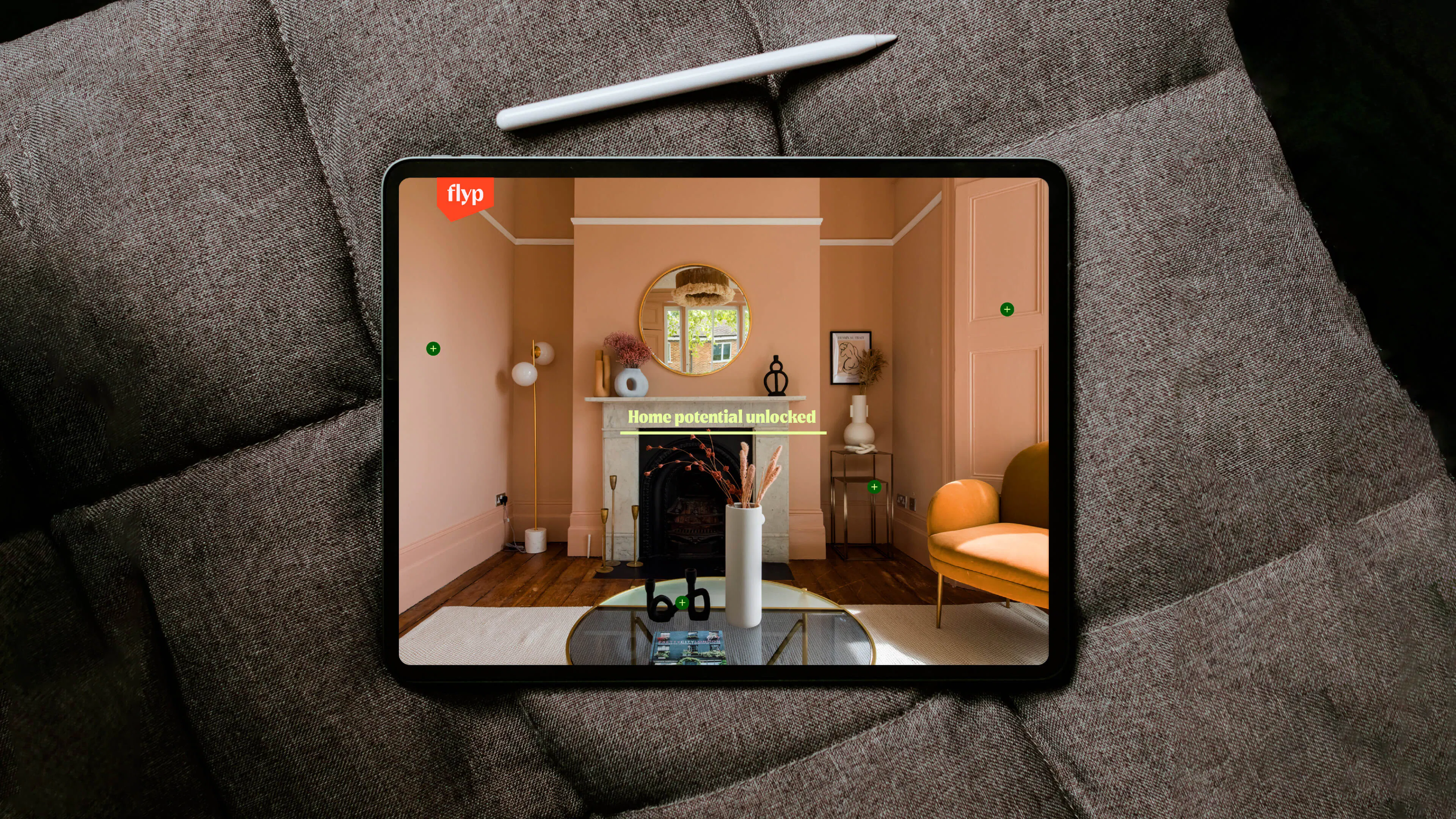 The same room on the tablet after improvements, painted pink and furnished