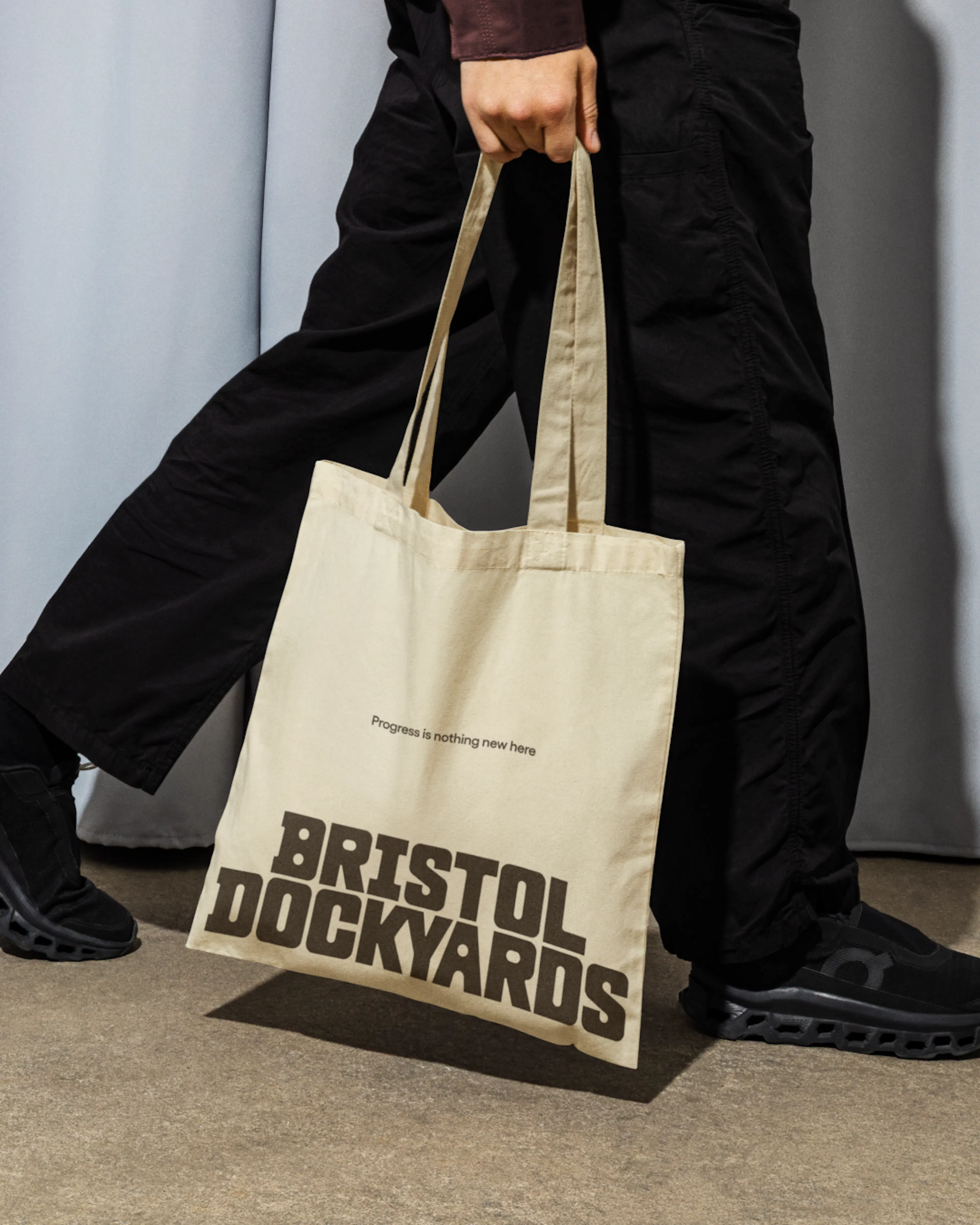 Image to tote bag in white with Bristol Dockyards logo in dark brown