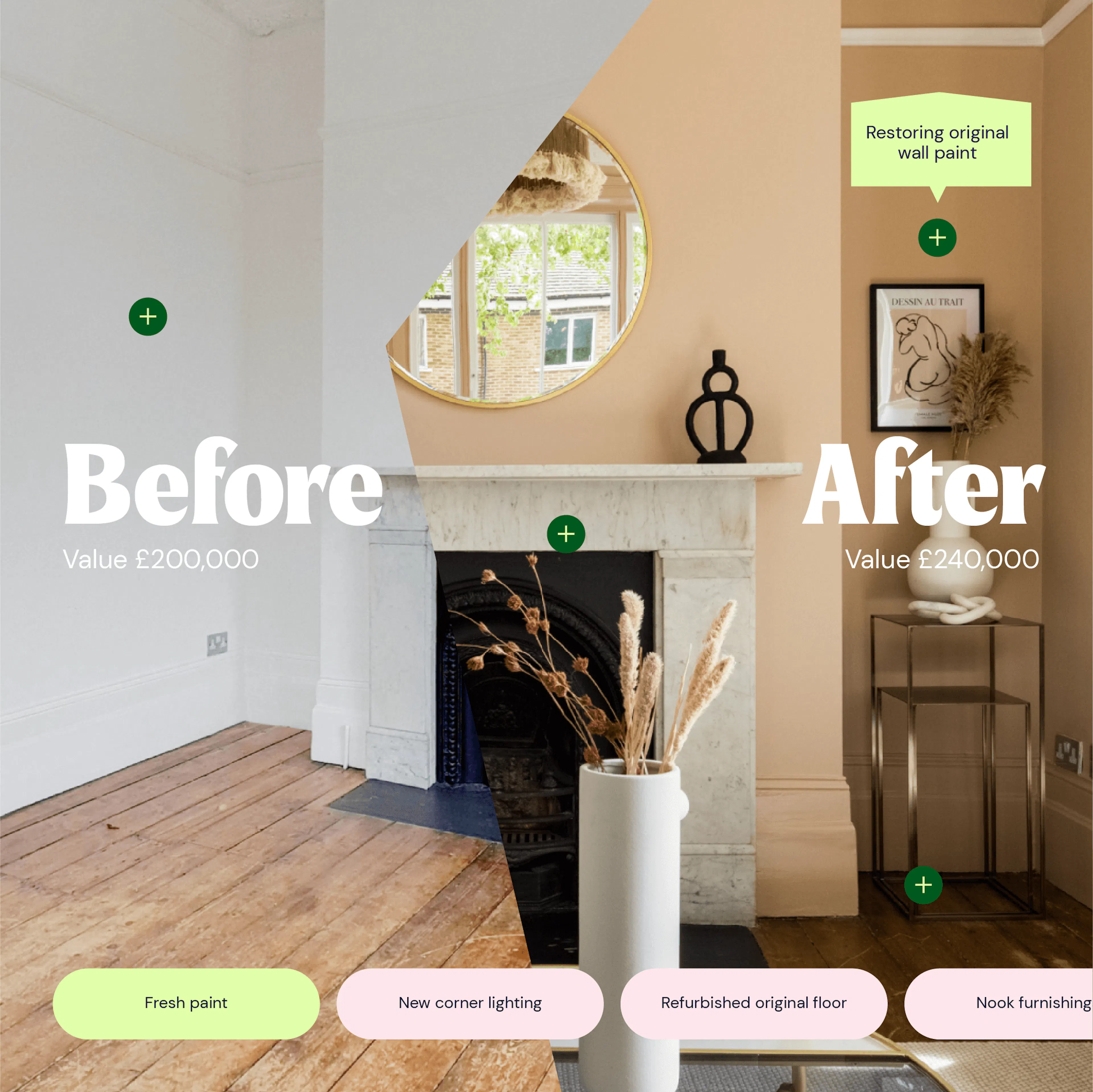 Before and after of a living room: plain white walls before, peach walls and new furniture after, with improvement tags along the bottom