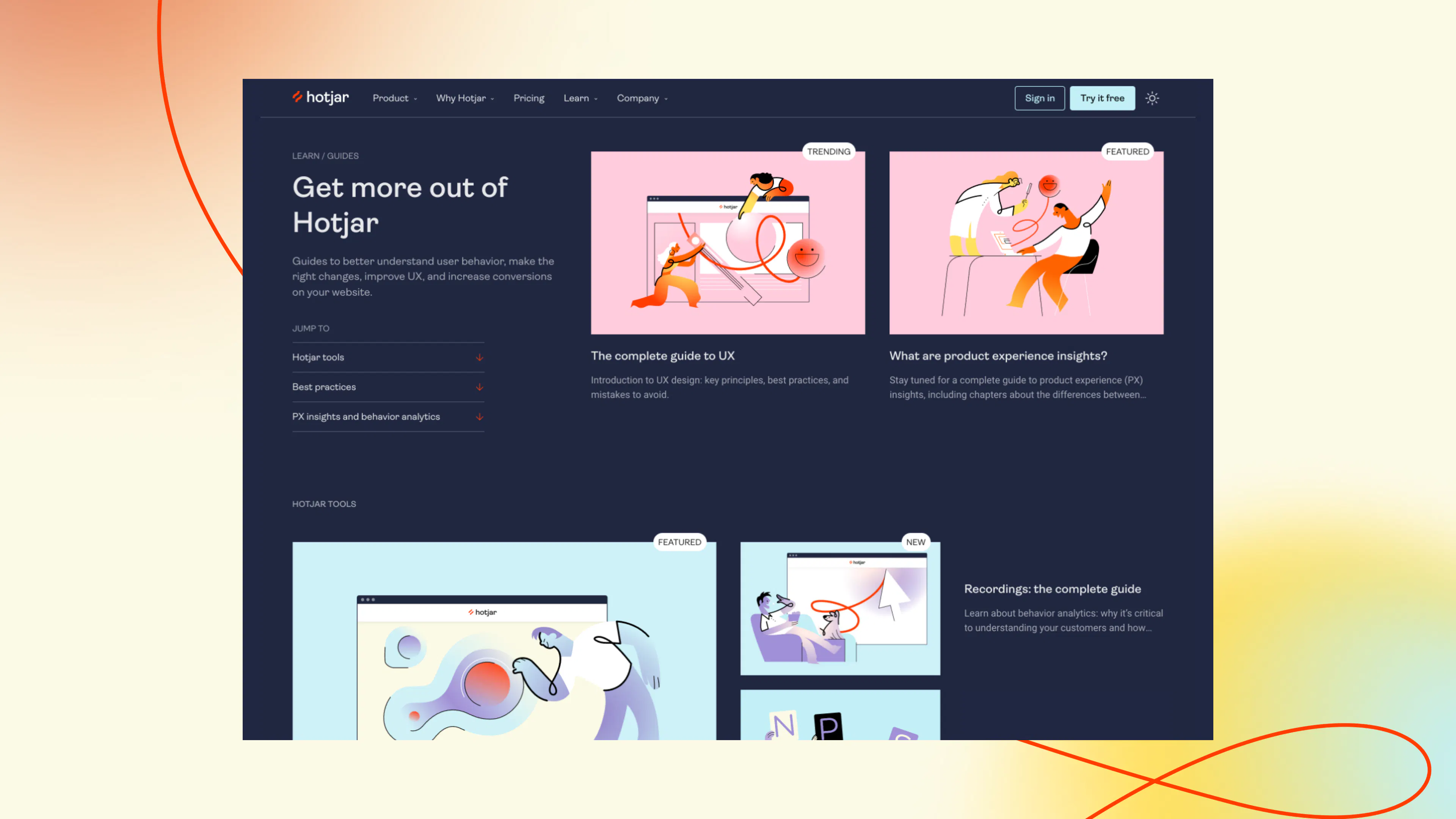 Hotjar 'Get more out of Hotjar' resources page in dark mode, with illustrated article cards