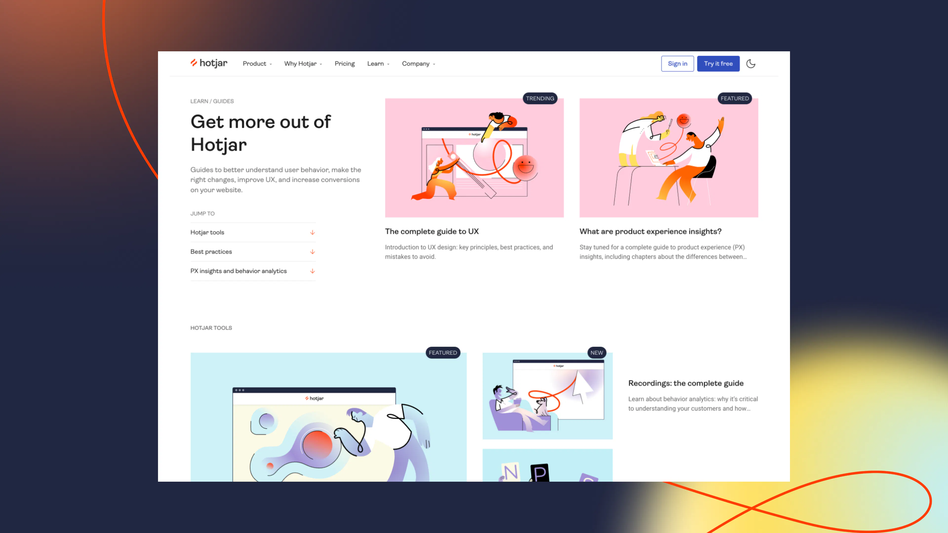 Hotjar 'Get more out of Hotjar' resources page in light mode, with illustrated article cards