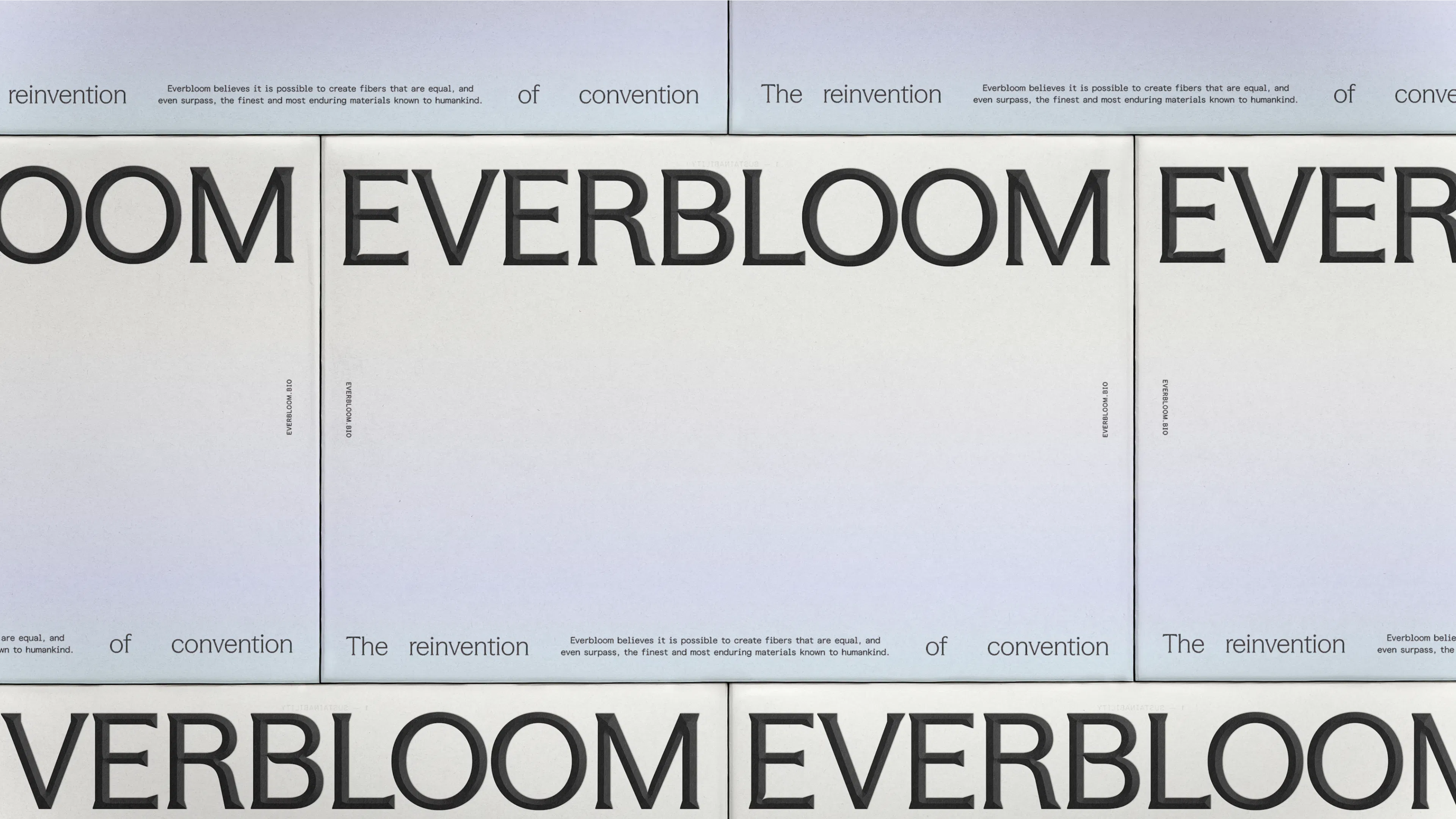 Tiled Everbloom packaging sheets with the wordmark and 'The reinvention of convention'