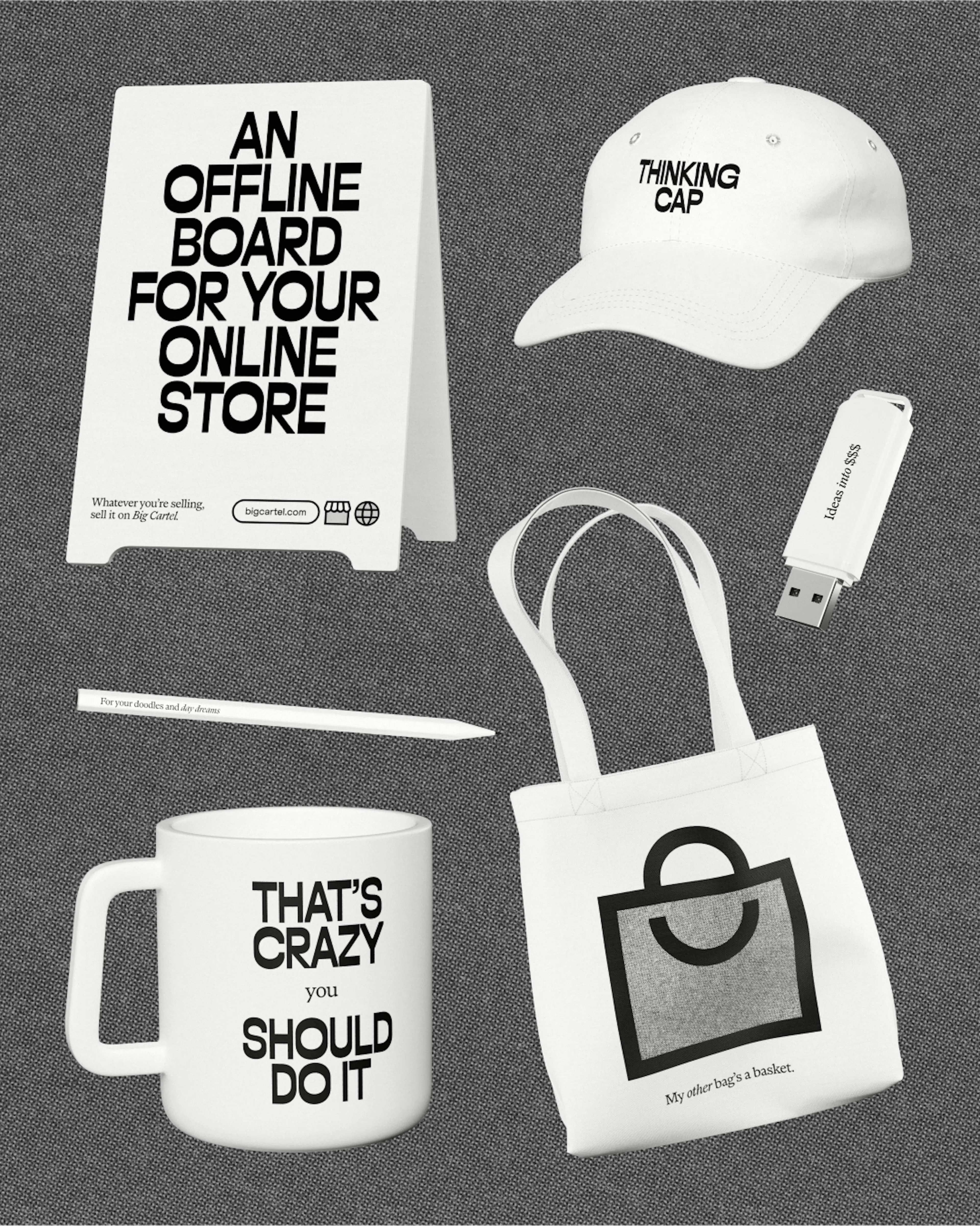 Big Cartel merchandise: A-board, cap, USB stick, pen, mug and tote bag