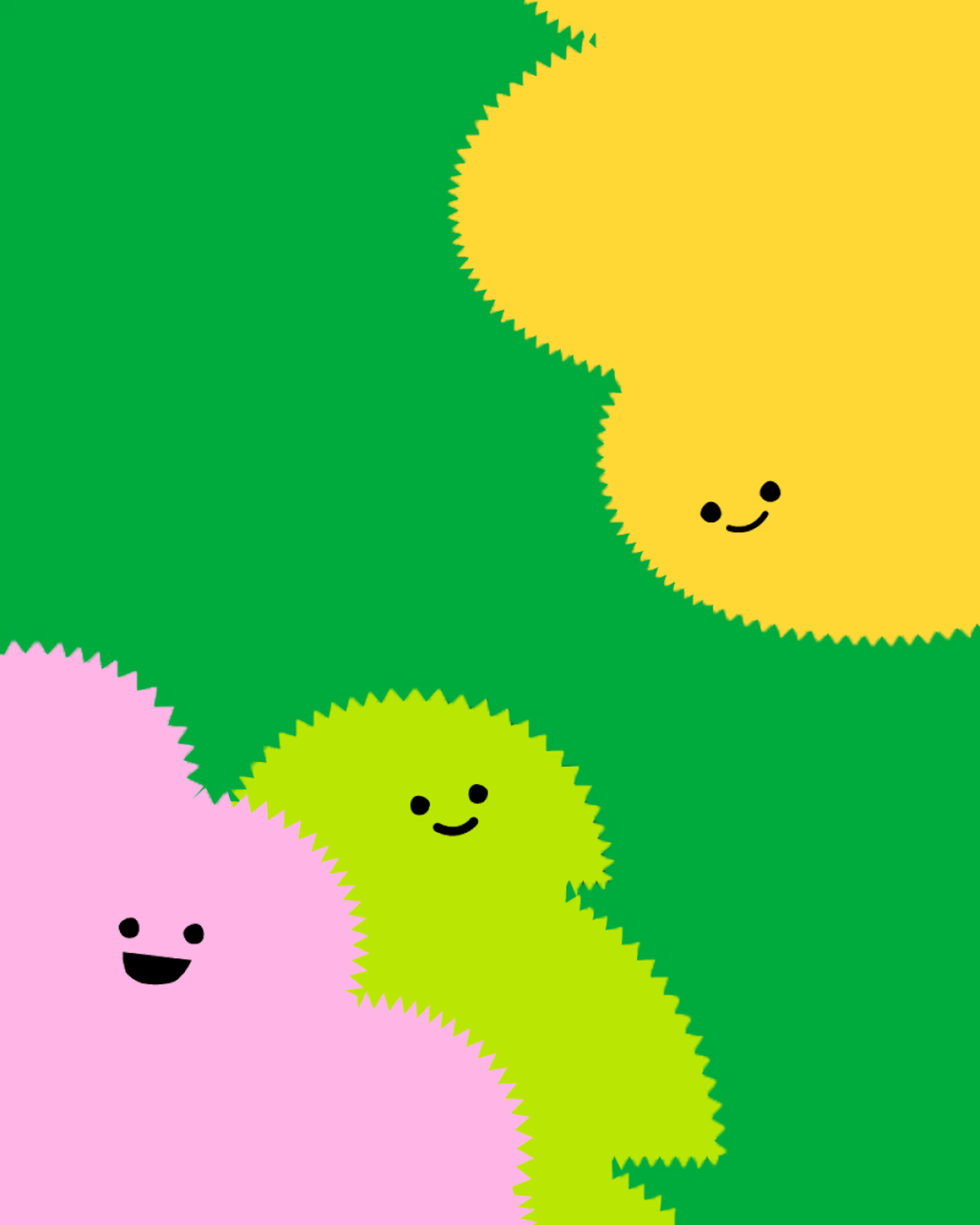 Three fuzzy-edged blob characters with simple smiling faces in yellow, lime and pink, on a bright green background.