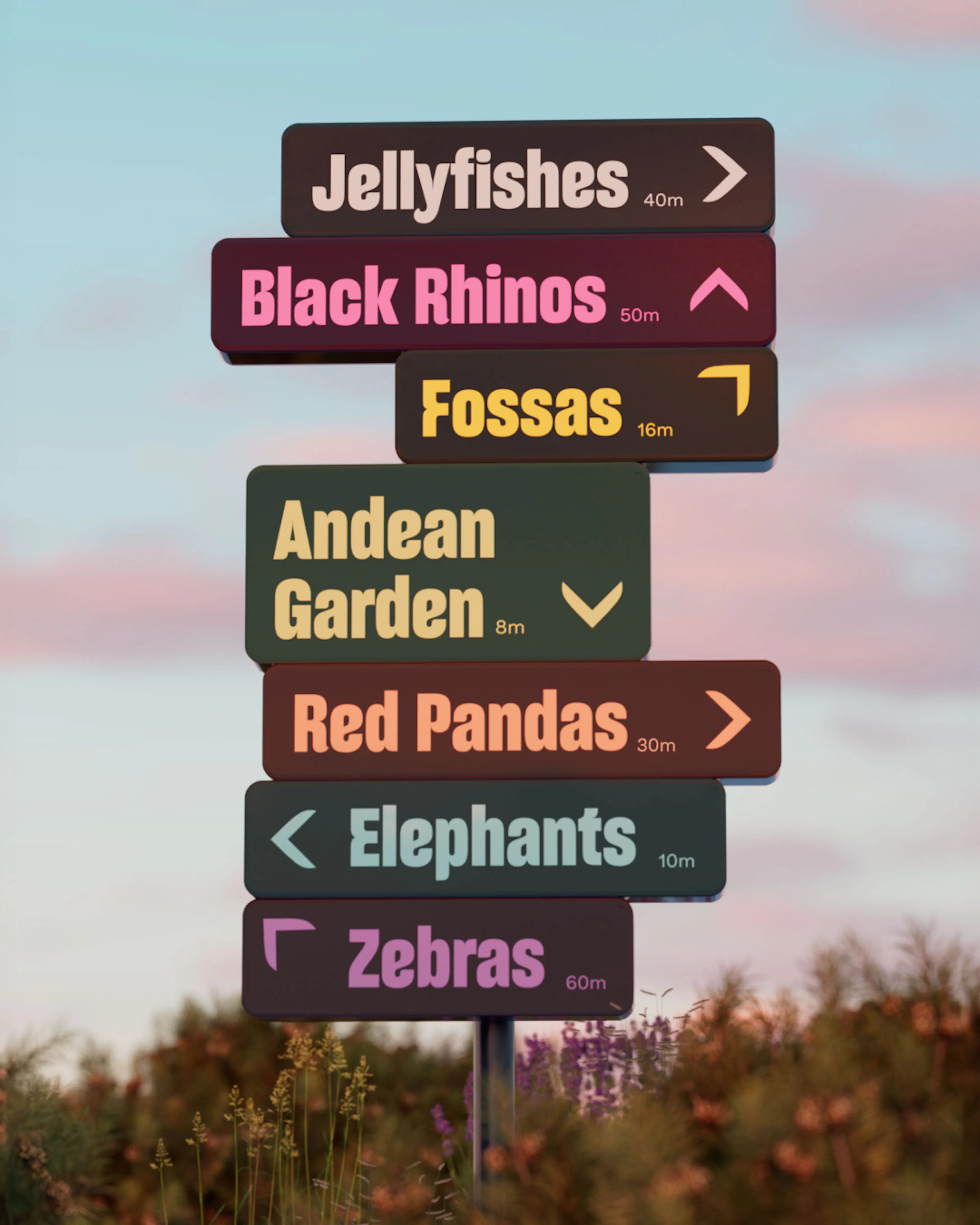 Chester Zoo wayfinding signpost pointing to jellyfishes, black rhinos, red pandas and more