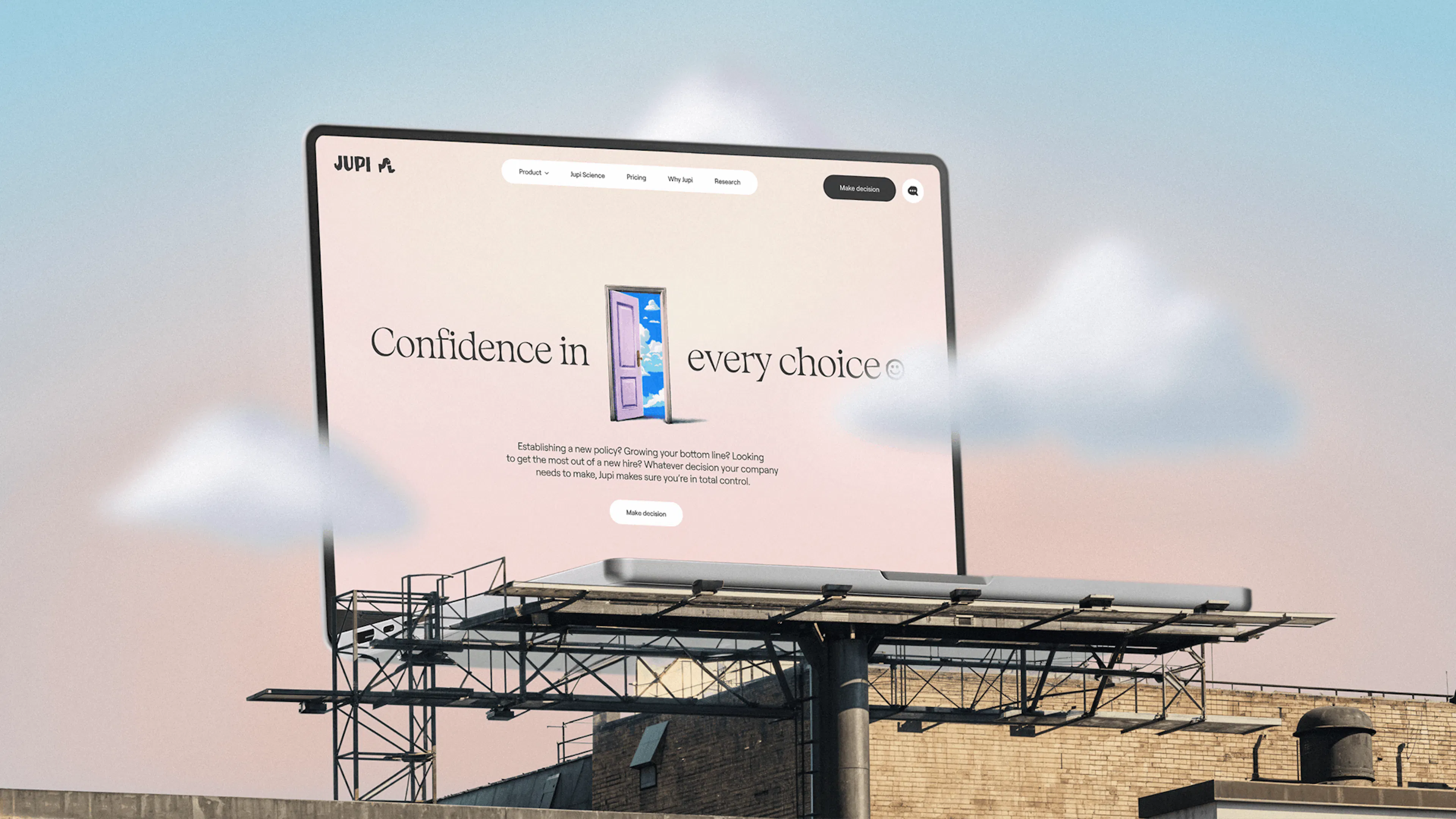Rooftop billboard showing the Jupi website, 'Confidence in every choice'