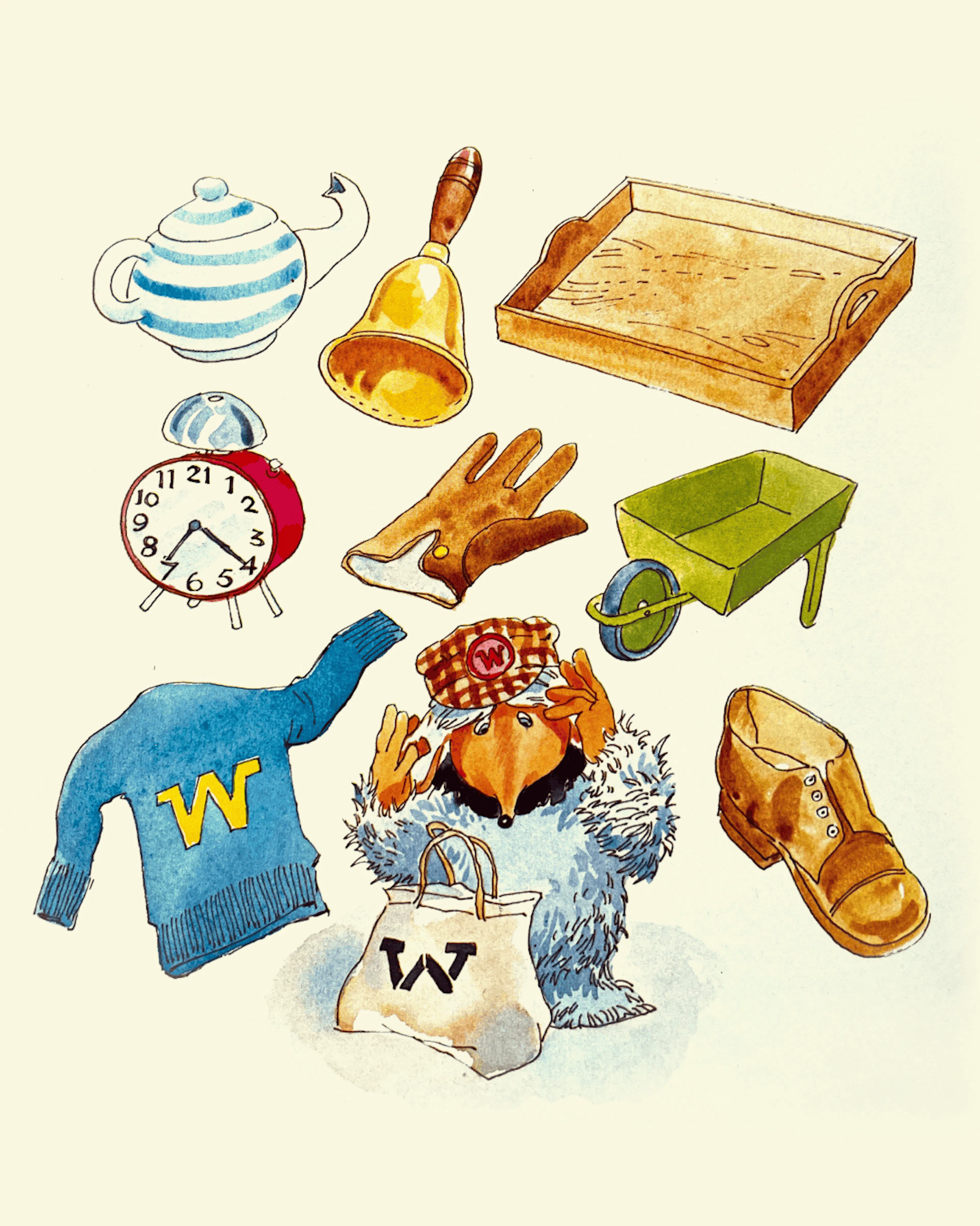 Watercolour illustration of a Womble surrounded by everyday objects: a striped teapot, bell, wooden tray, alarm clock, gloves, wheelbarrow, jumper and boot.