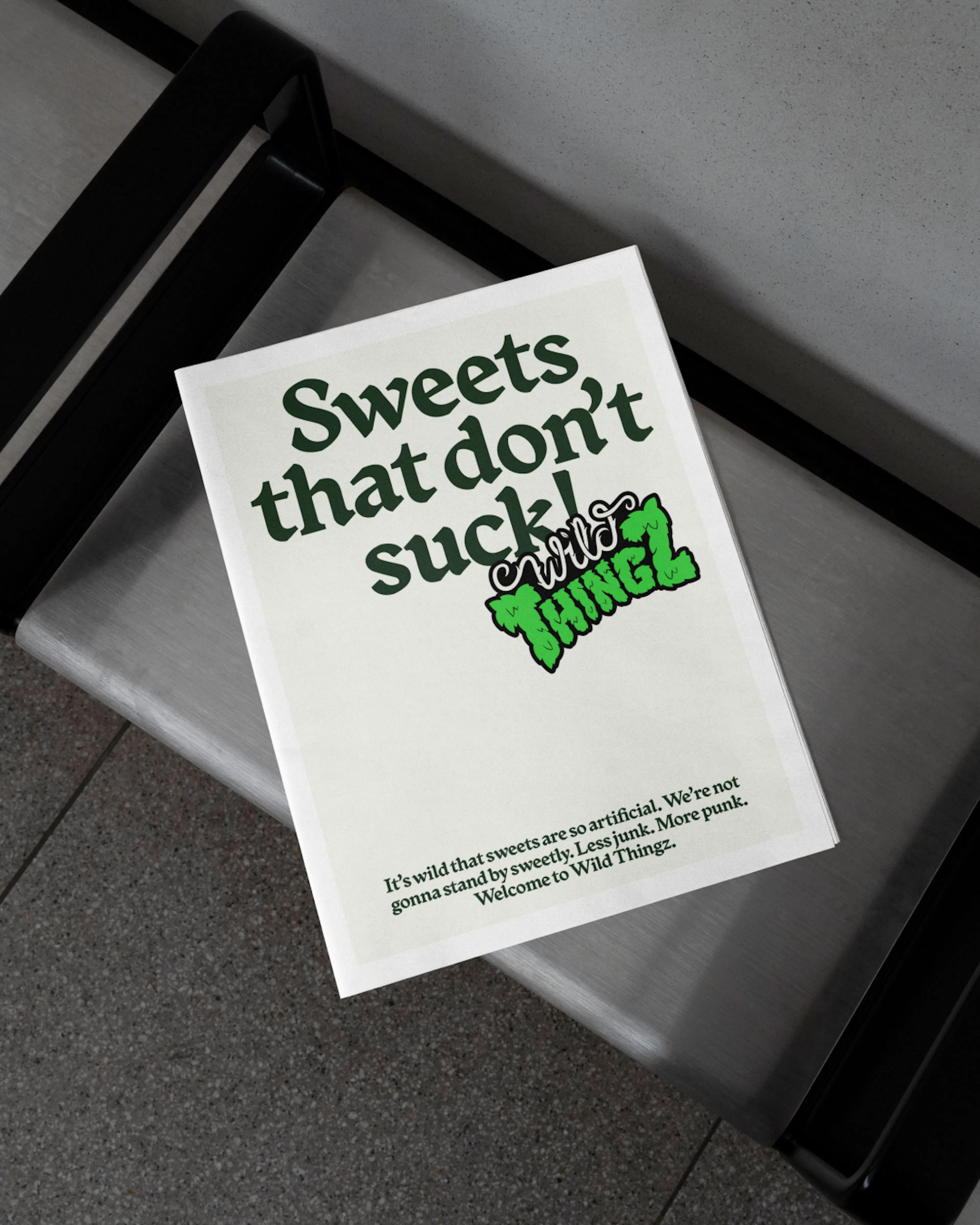 Wild Thingz booklet titled 'Sweets that don't suck!' on a bench