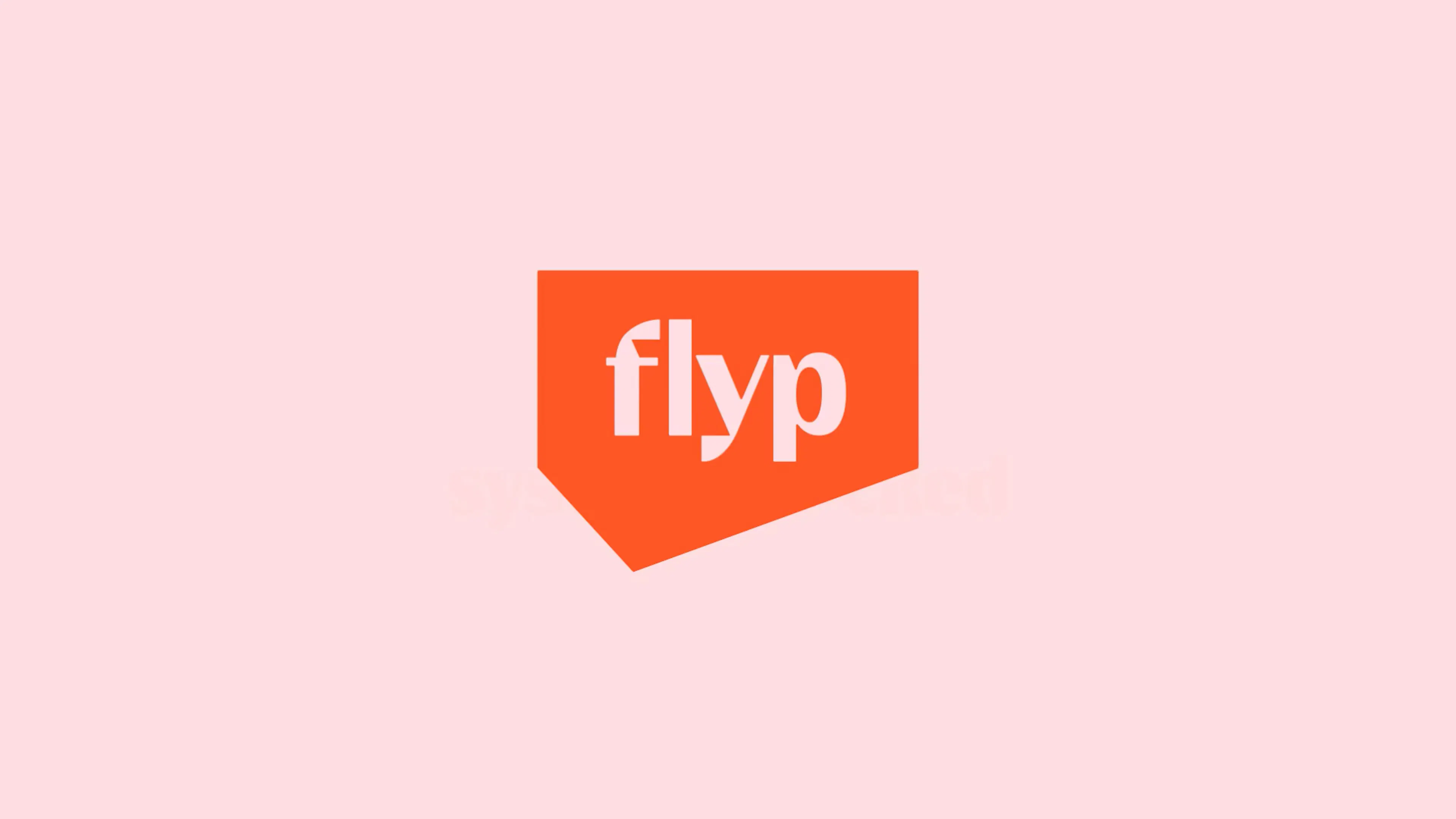 flyp logo: the white wordmark in an orange upside-down house shape, on pink