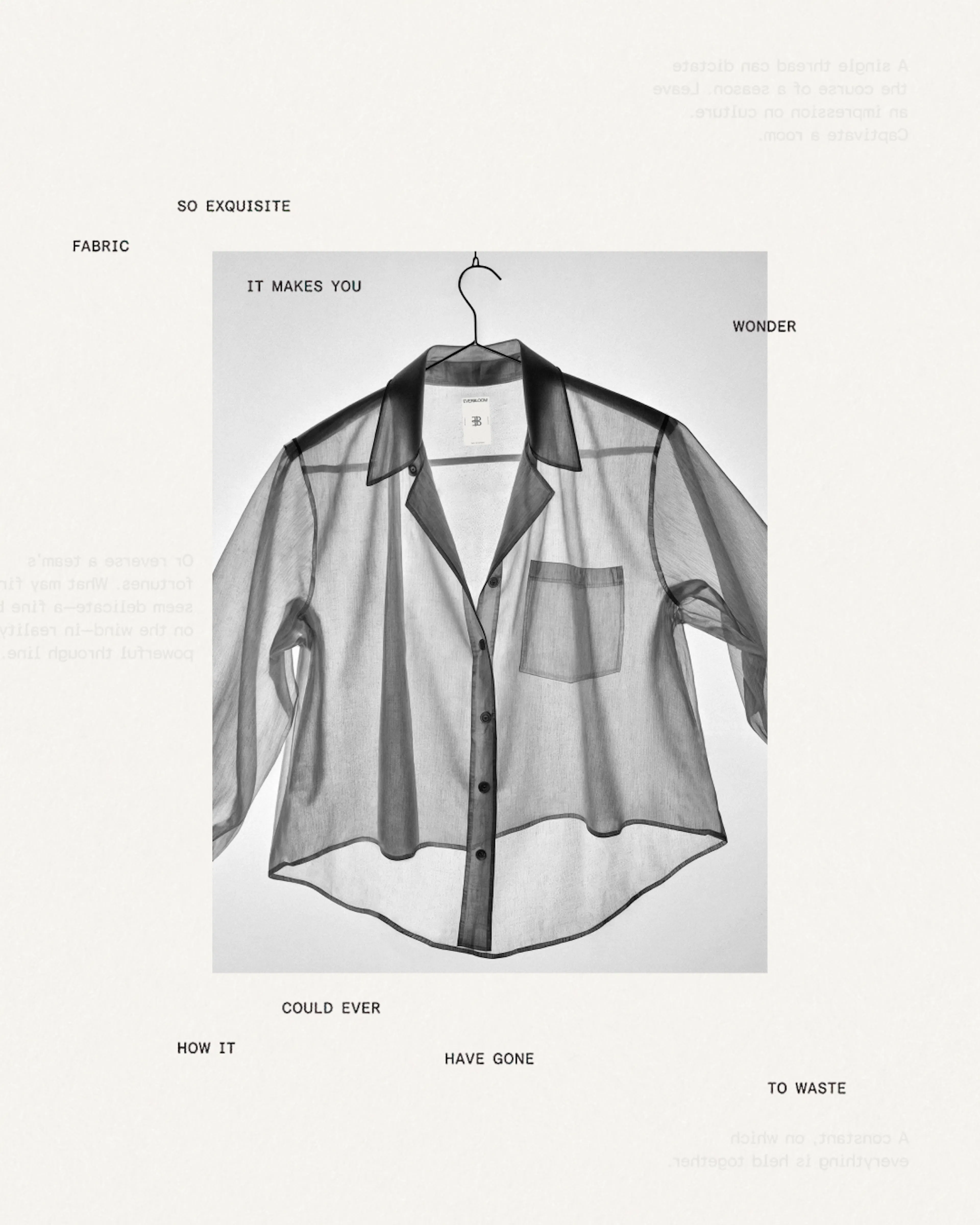 Black-and-white photo of a sheer shirt on a hanger surrounded by scattered words