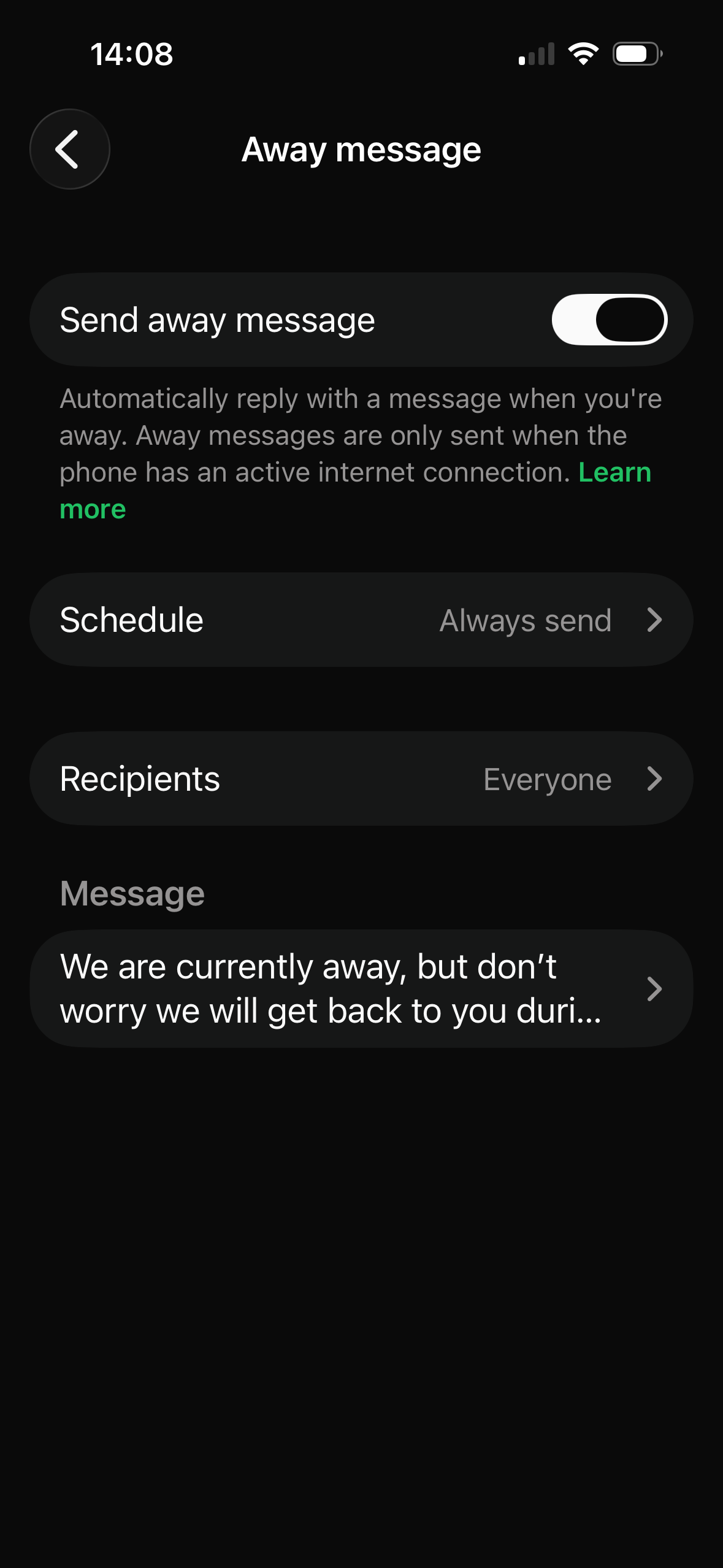 WhatsApp Away Message