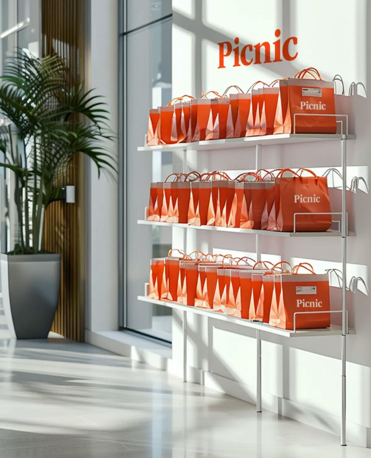 A shelf full of Picnic bags ready to be picked up.