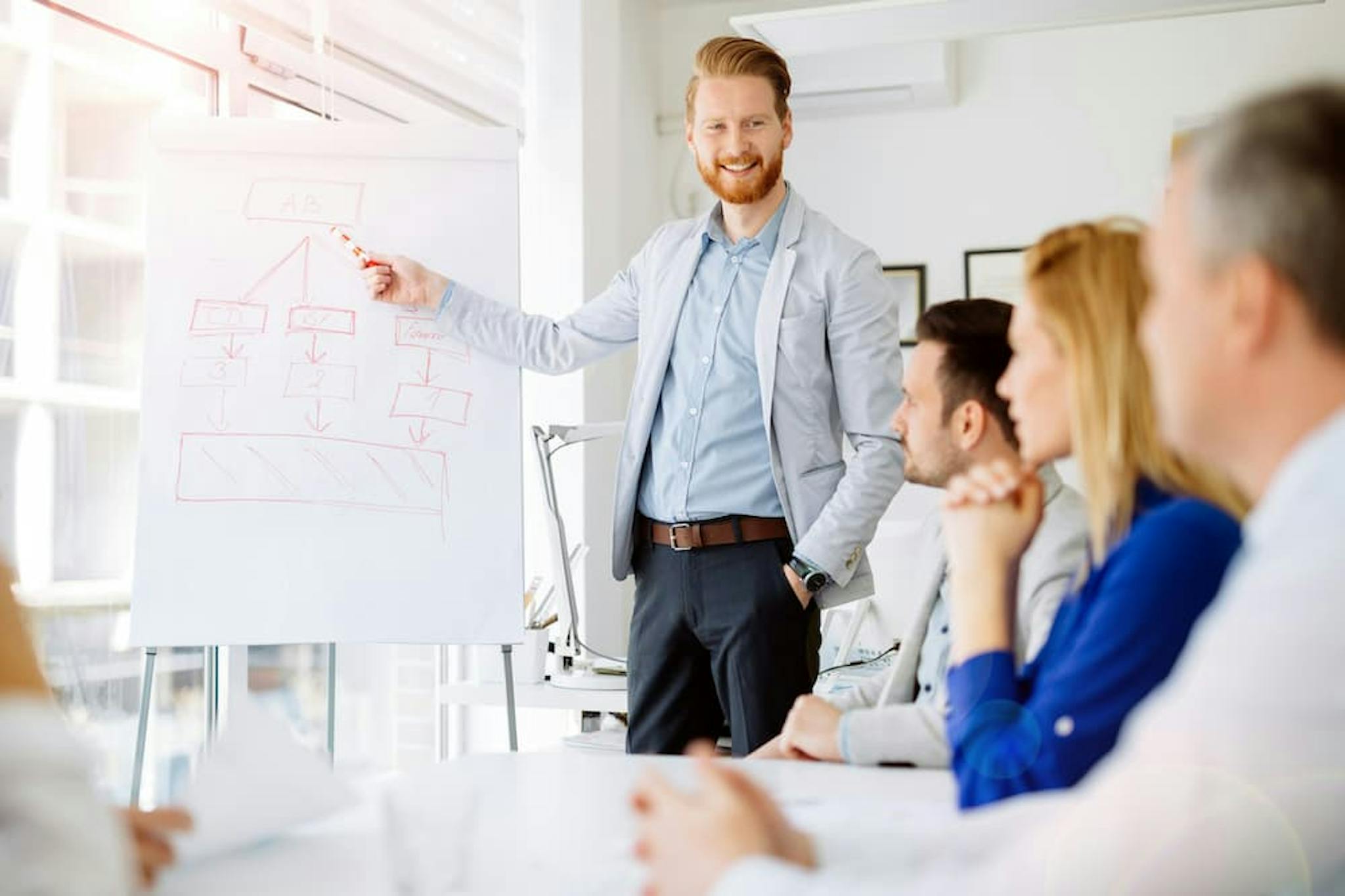 Man presenting a chart in a workshop for colleagues.