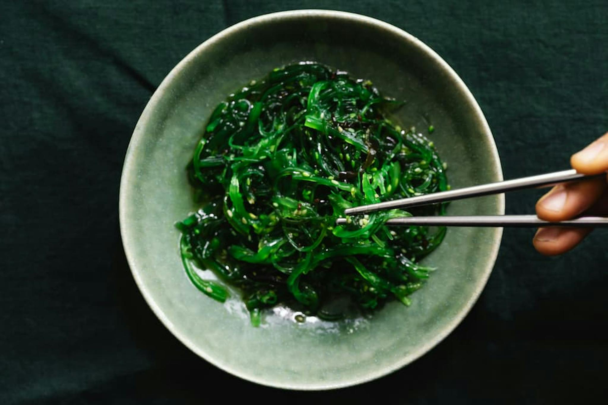 A bowl of fresh, vibrant green seaweed salad is placed on a dark green tablecloth.