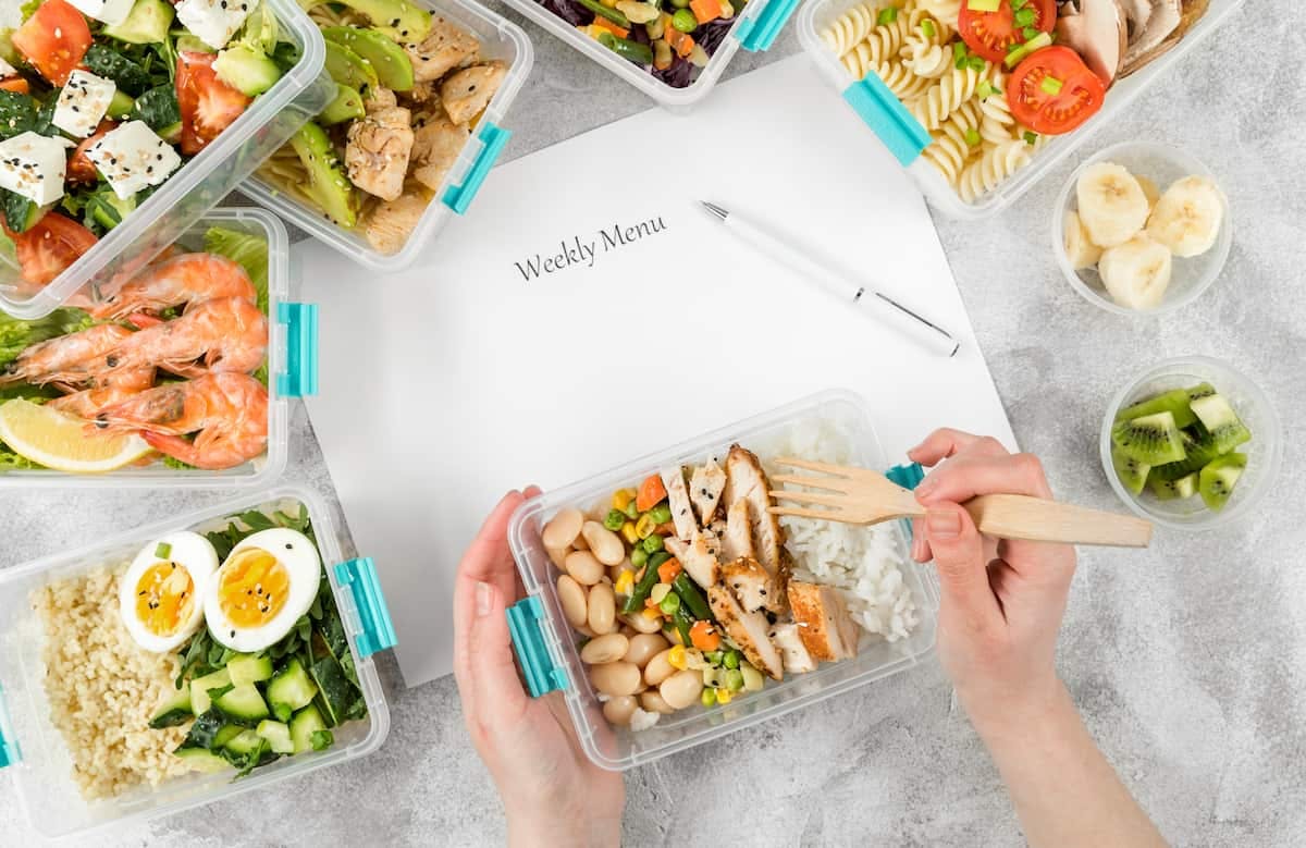 Meal prep containers and a weekly menu planner showing when to switch to bulk meal orders for efficiency.