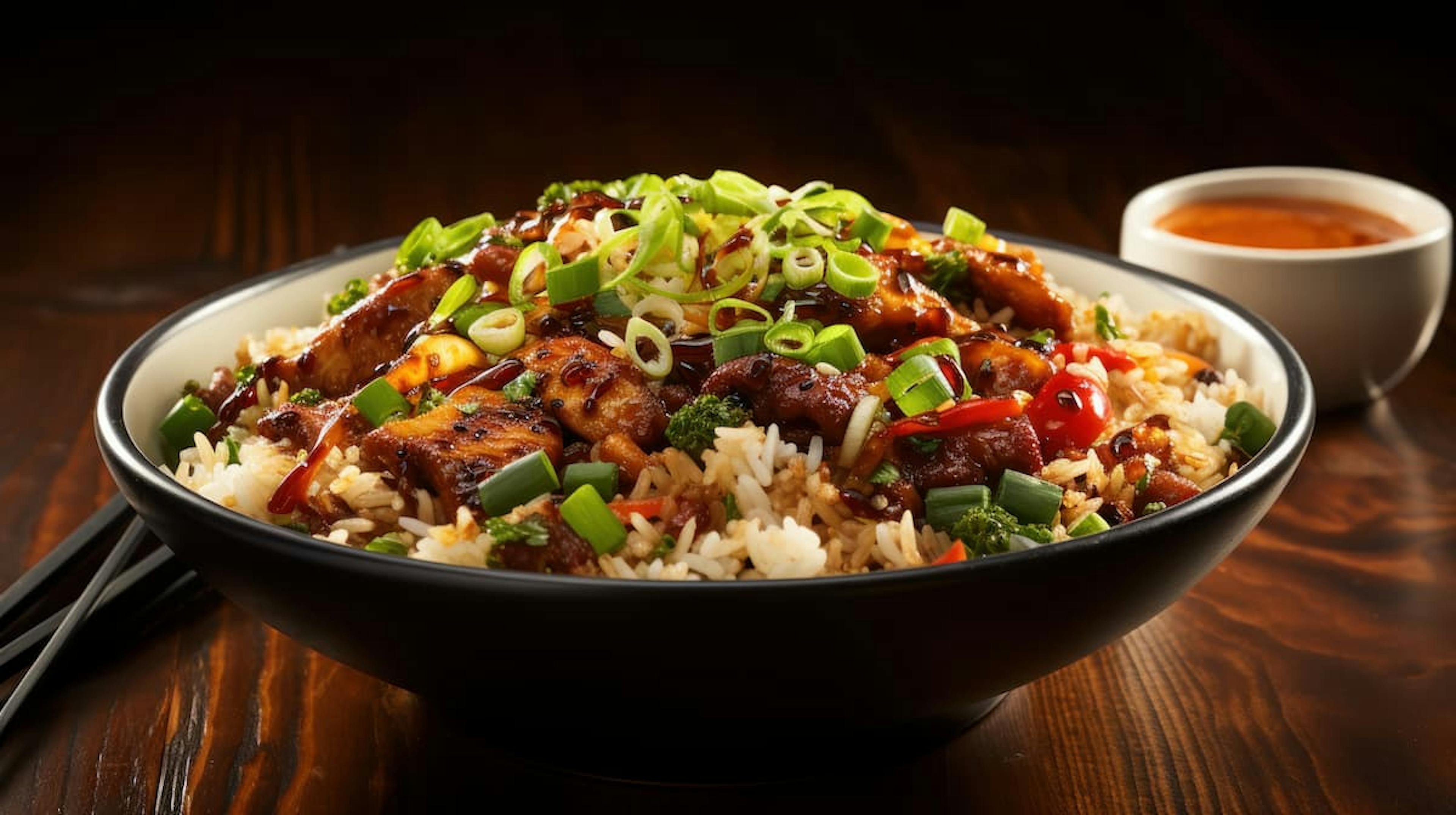 Savor juicy grilled chicken over rice with veggies—find dishes like this from the best delivery restaurants in NYC.