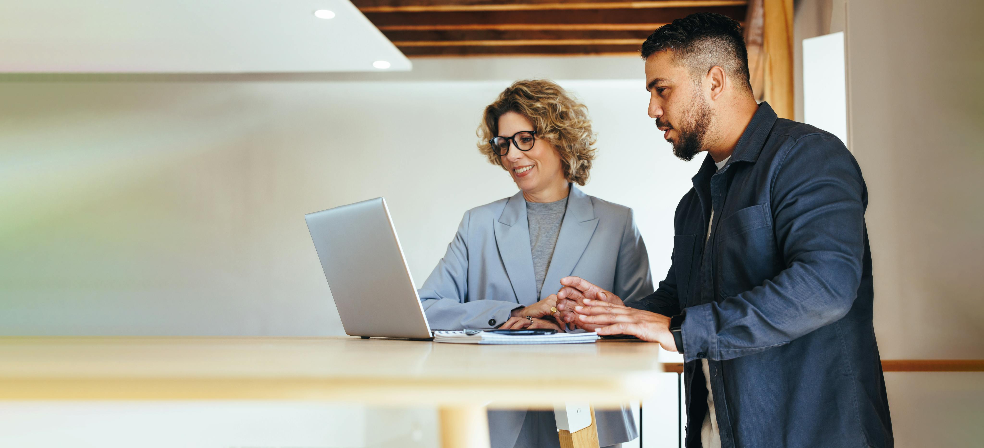 Manager and colleague looking at a computer