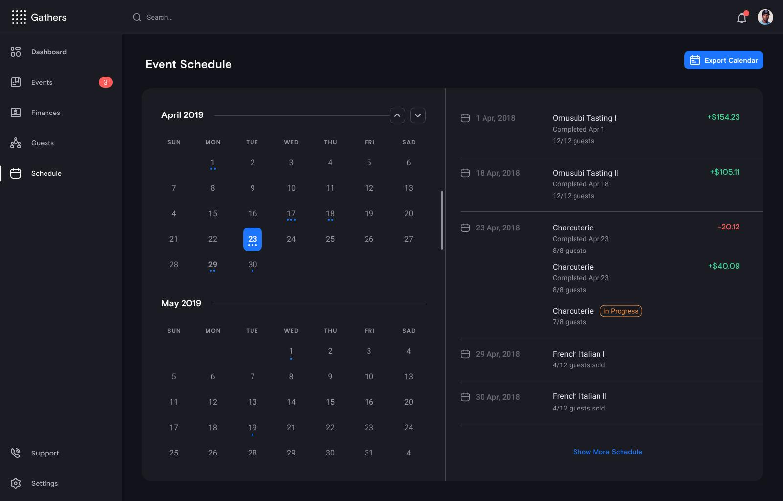 The Gathers software scheduling page