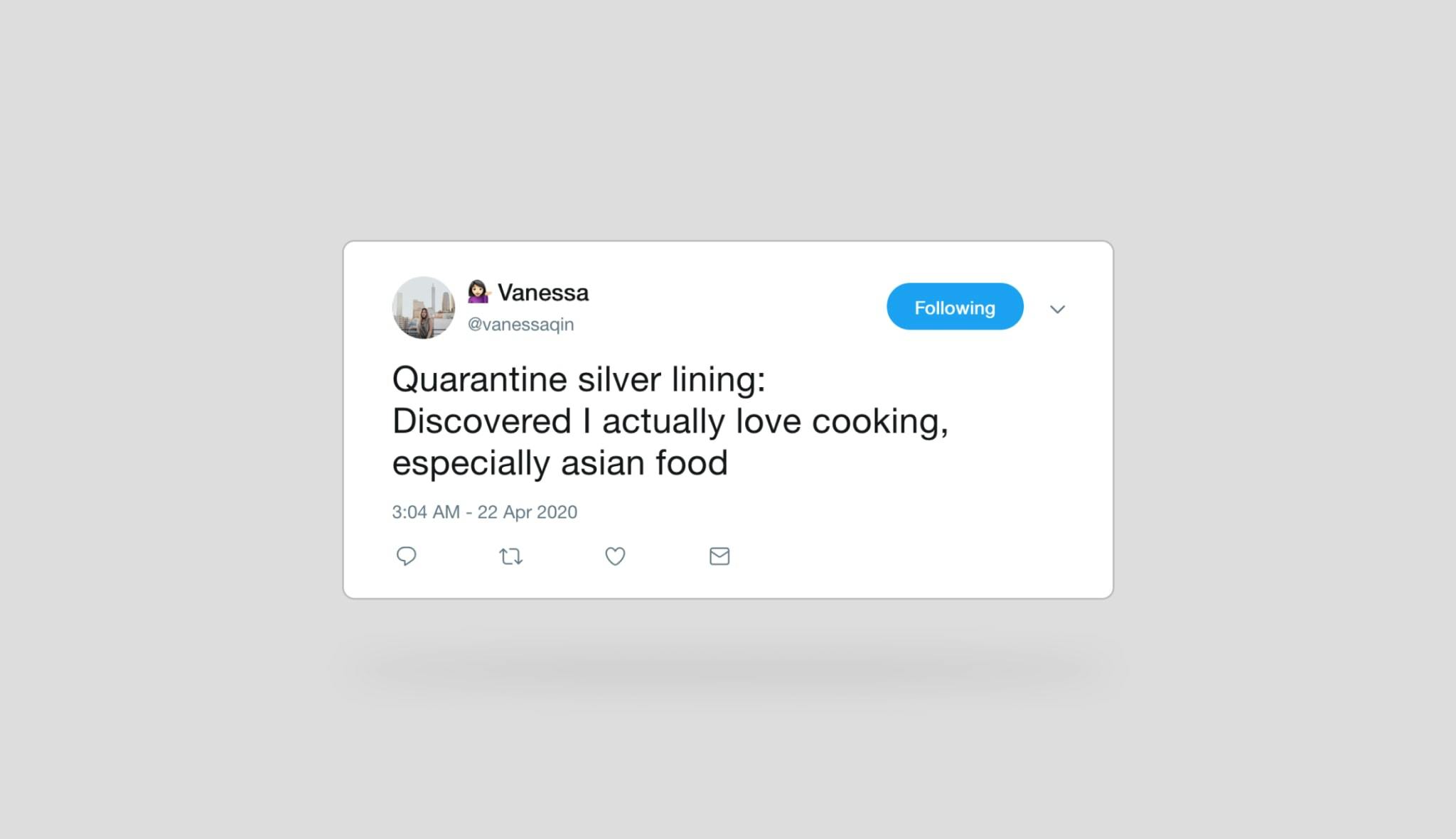 A tweet from a friend explaining how COVID helped her learn to love cooking