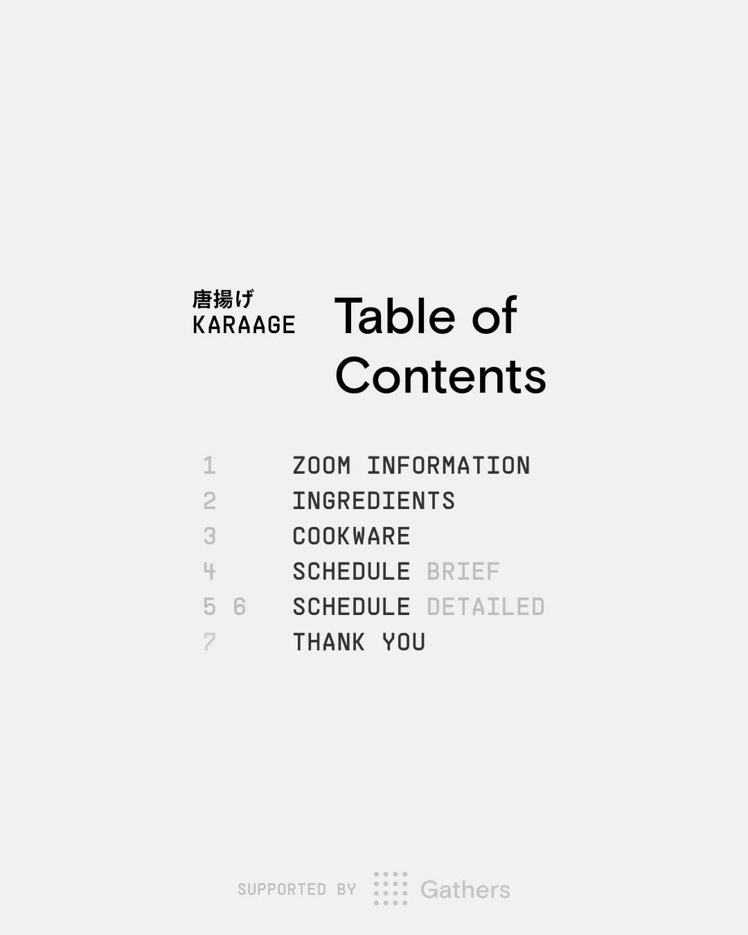 Table of contents of the booklet